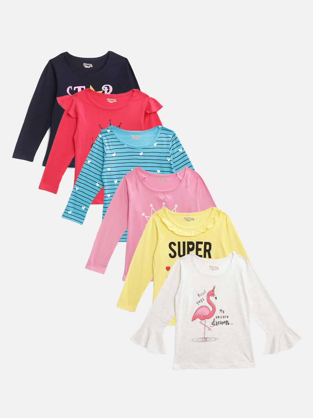 Eteenz Girls Pack of 6 Printed Pure Cotton T-shirts