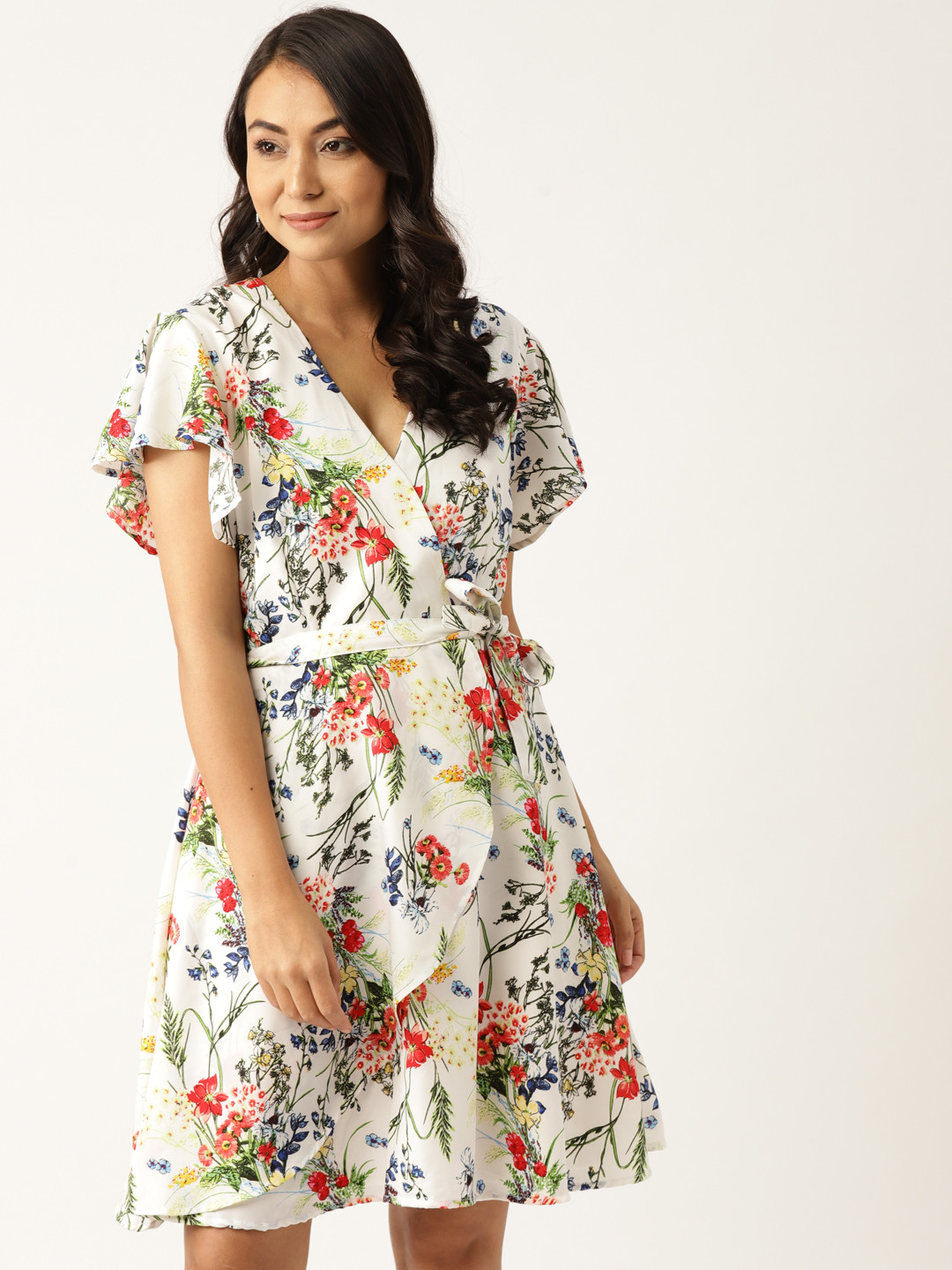 DODO & MOA Women White & Red Floral Print Wrap Dress with Belt