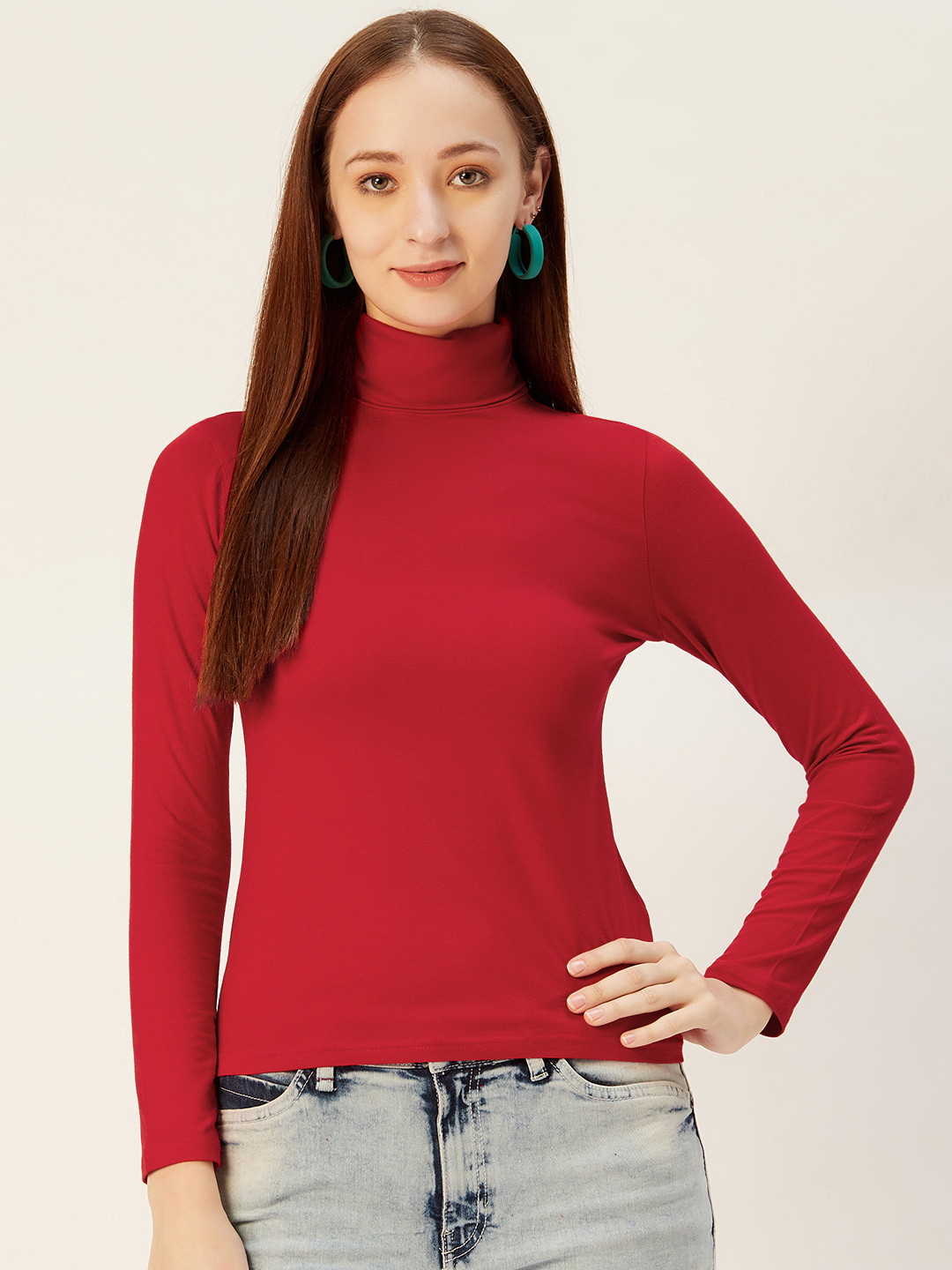 Sera Women Red Solid Turtle Neck T-shirt