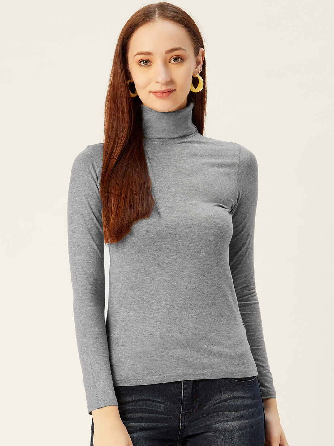 Sera Women Grey Melange Solid Turtle Neck T-shirt