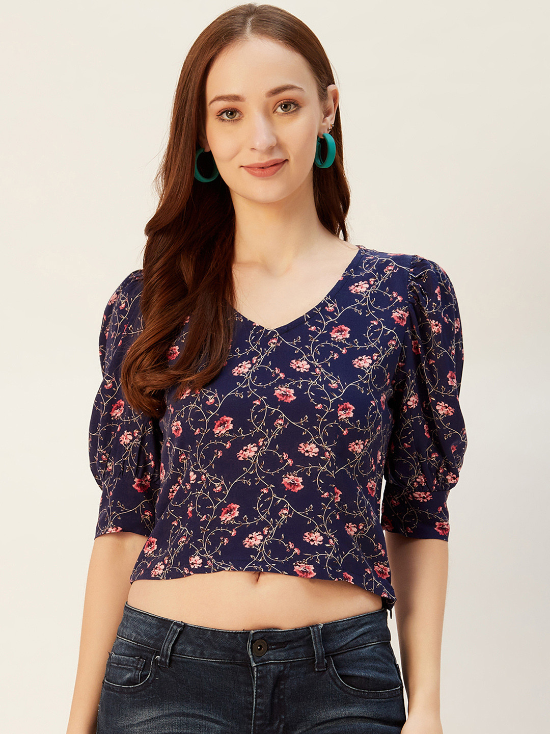 Sera Women Navy Blue & Pink Floral Print Crop Top