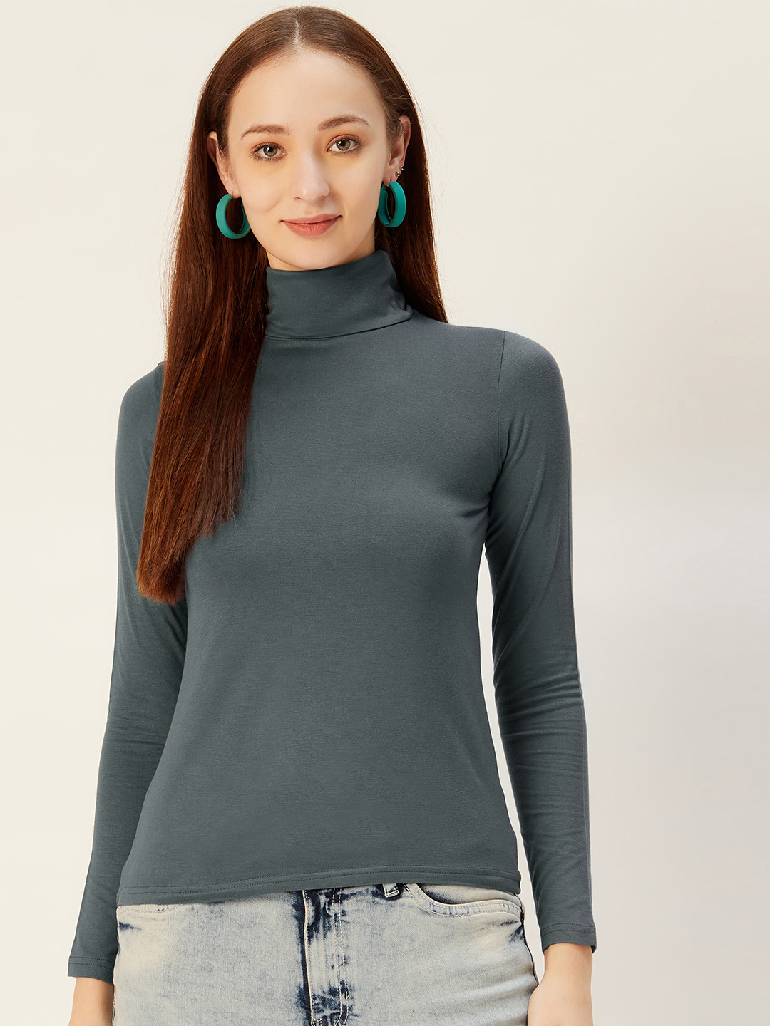 Sera Women Charcoal Grey Solid High Neck Top