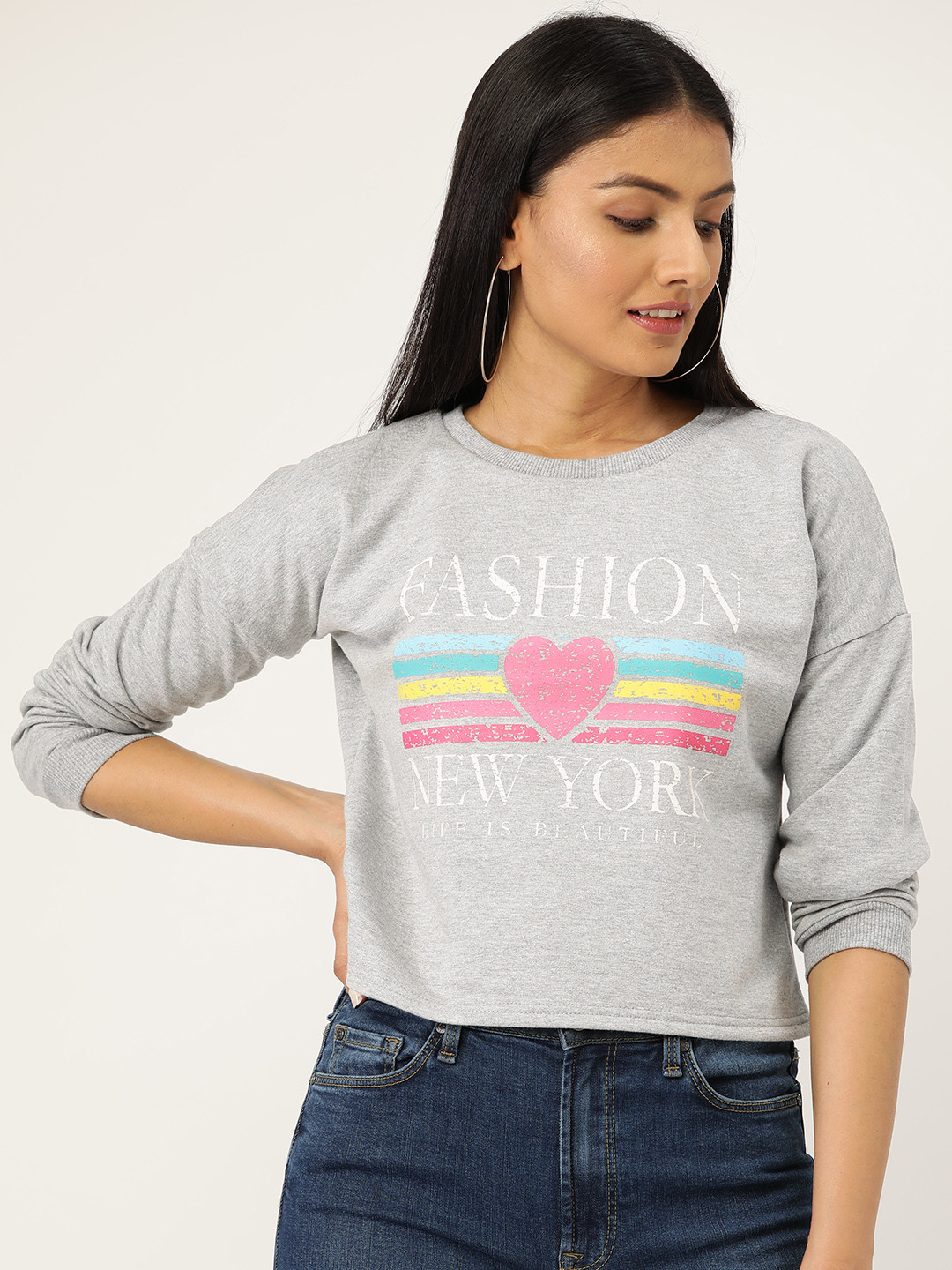 Sera Women Grey Melange & Pink Printed Sweatshirt