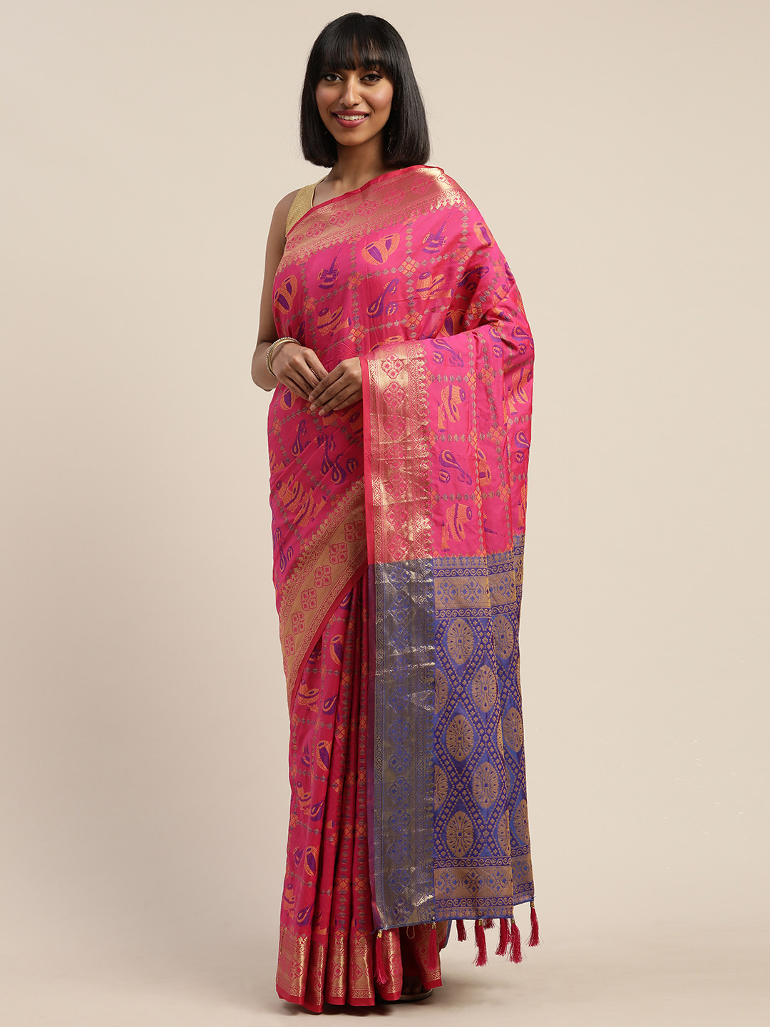 Mitera Pink & Beige Silk Blend Woven Design Patola Saree