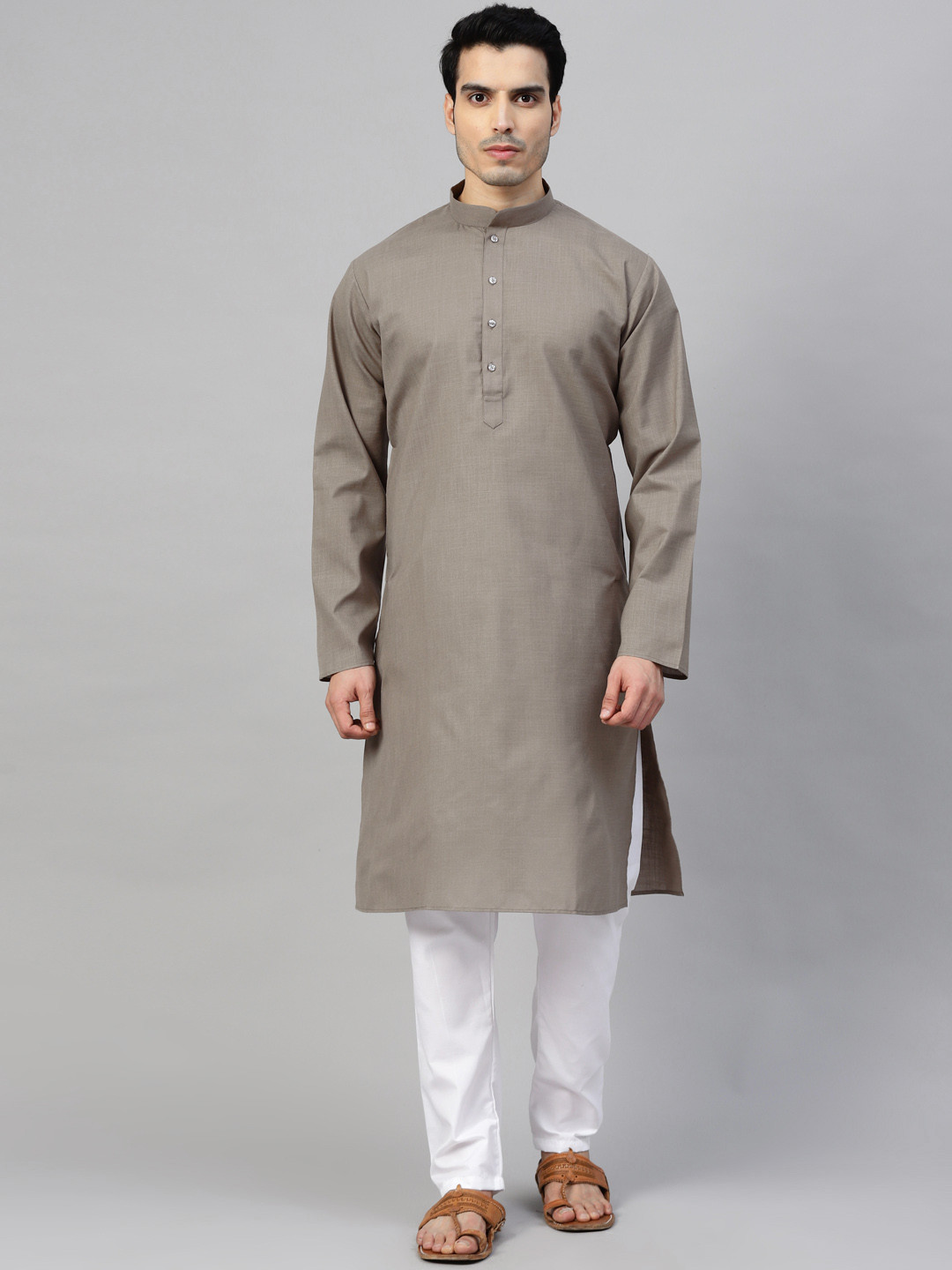 MANQ Men Grey & White Solid Kurta with Pyjamas