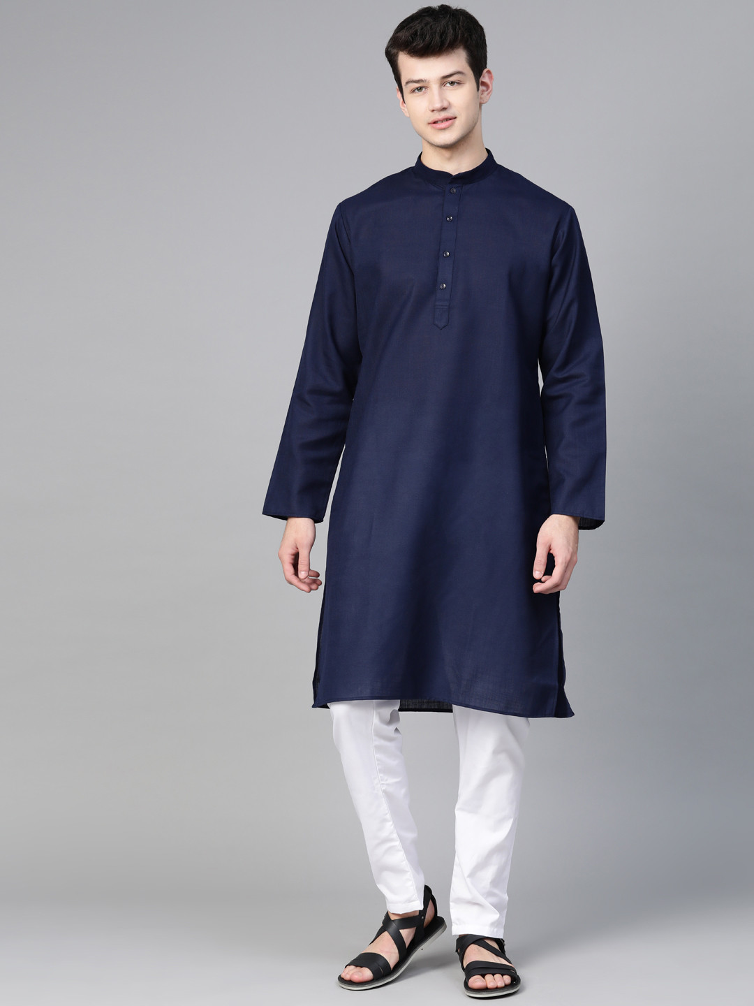 MANQ Men Navy Blue & White Solid Kurta with Pyjamas