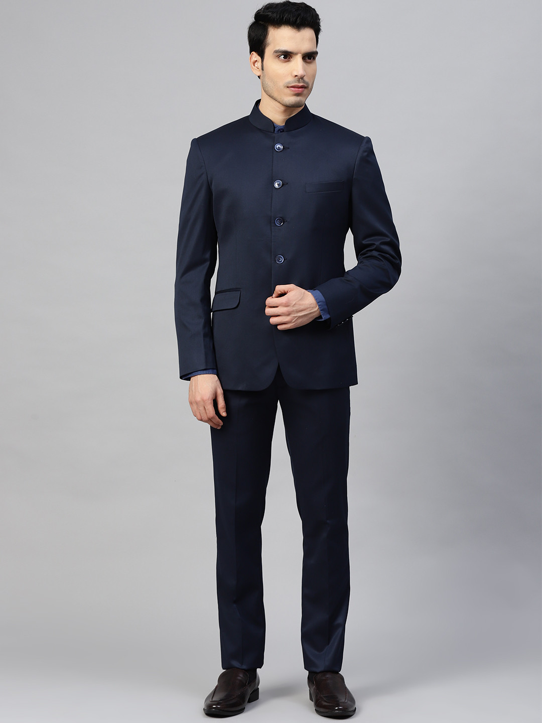 MANQ Men Navy Blue Solid Slim Fit Ethnic Bandhgala Suit