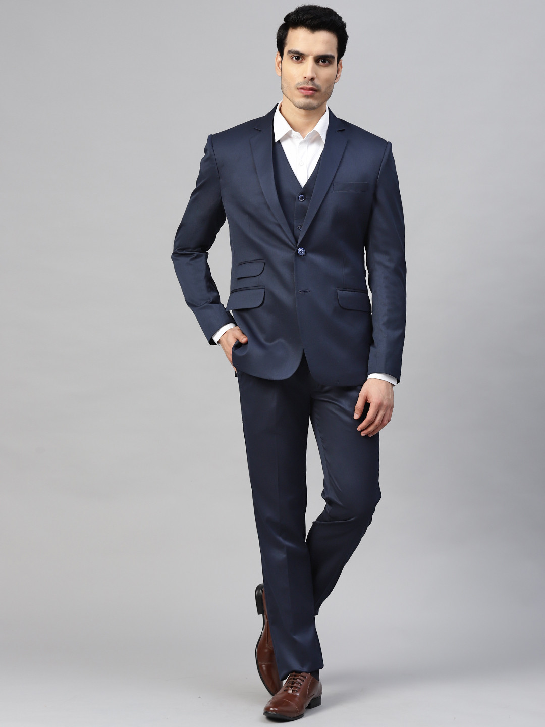 MANQ Men Navy Blue Solid Slim Fit Single-Breasted Three-Piece Formal Suit