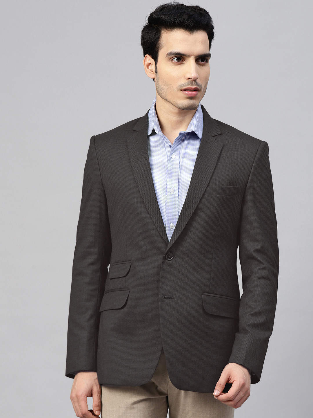 MANQ Men Black Twill Weave Self-Design Slim Fit Single-Breasted Formal Blazer