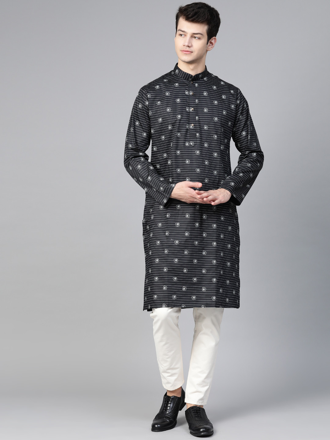 MANQ Men Black & White Floral Print Detail Striped Straight Kurta