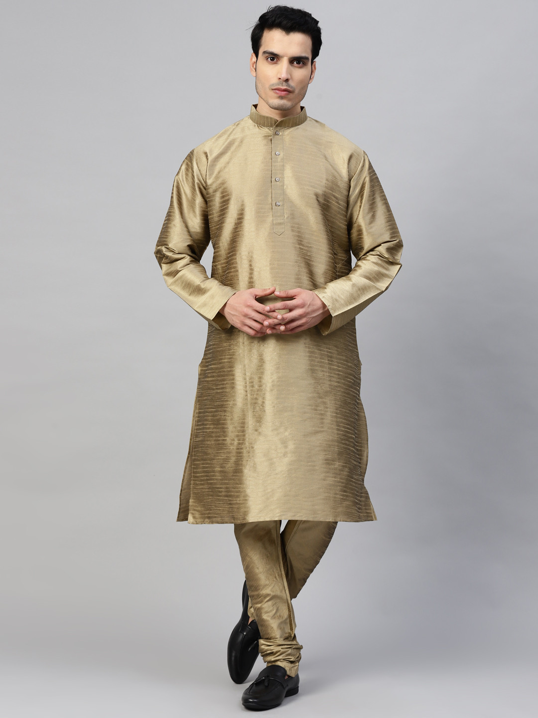 MANQ Men Golden Self Design Kurta with Churidar