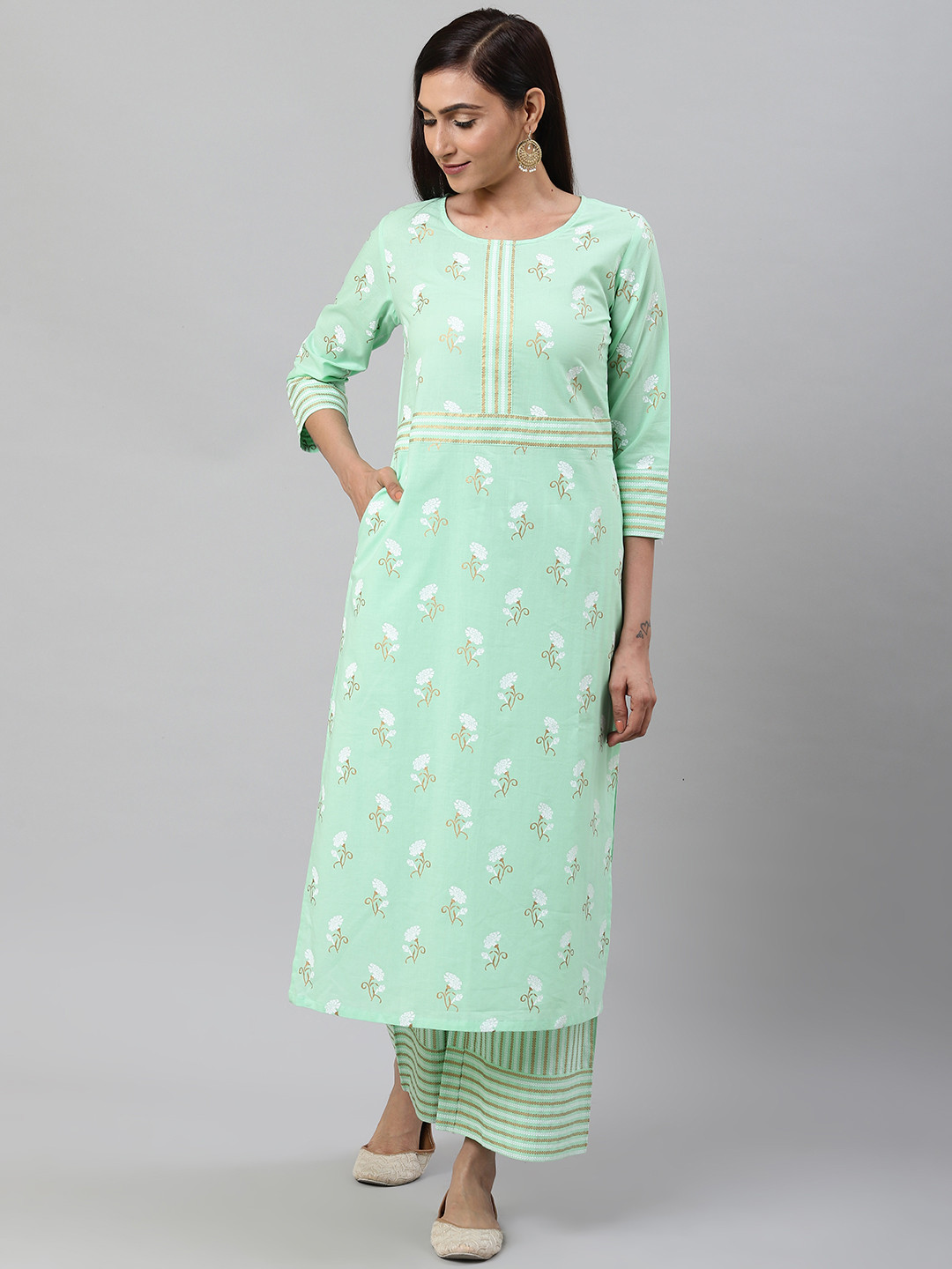 YASH GALLERY Women Sea Green & White Foil Print Kurta with Palazzos