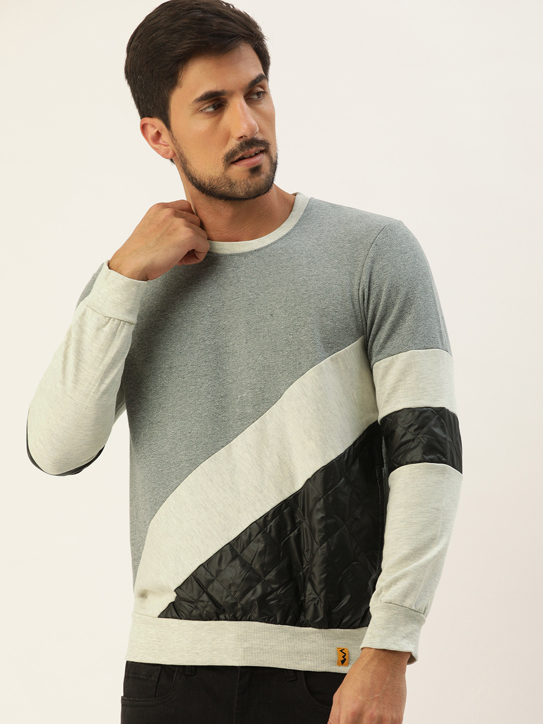 Campus Sutra Men Grey Melange & Off-White Colourblocked Quilted Bio Wash Sweatshirt