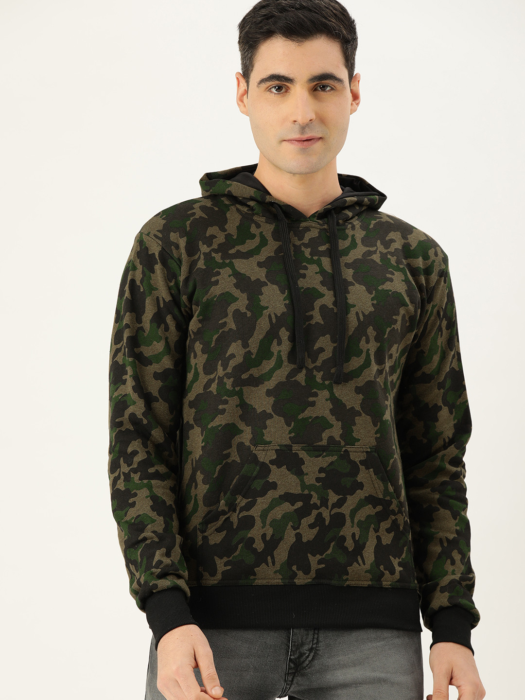 Campus Sutra Men Olive Green & Brown Camouflage Print Bio Wash Hooded Pullover Sweatshirt