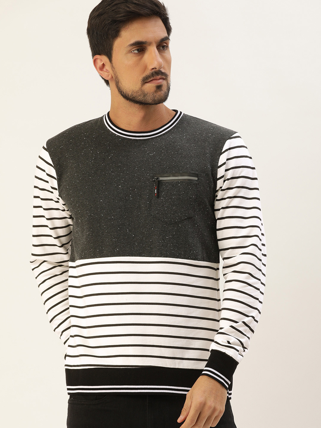 Campus Sutra Men Charcoal Grey & White Striped Pullover Sweatshirt