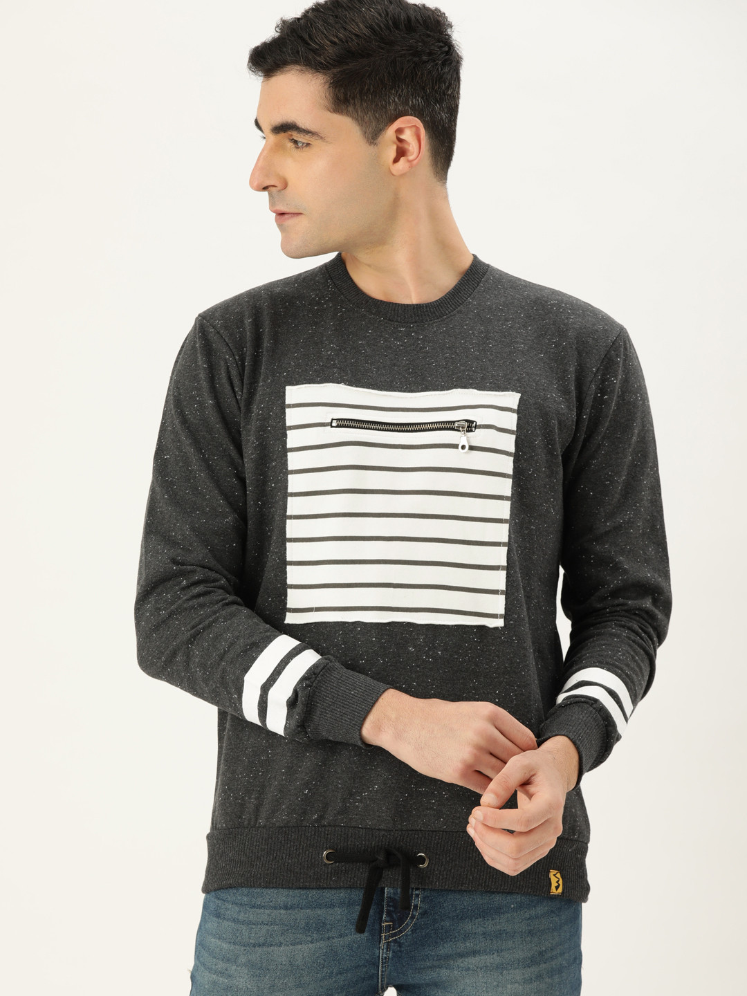 CAHOOT Men Charcoal Grey & White Striped Bio Wash Sweatshirt