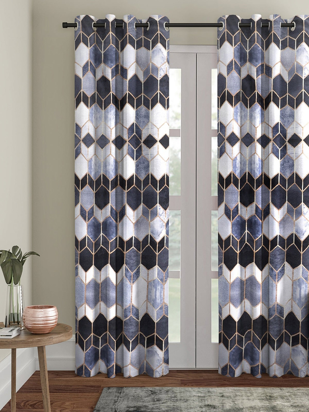 ROMEE Blue & White Velvet Finish Room Darkening Door Curtain