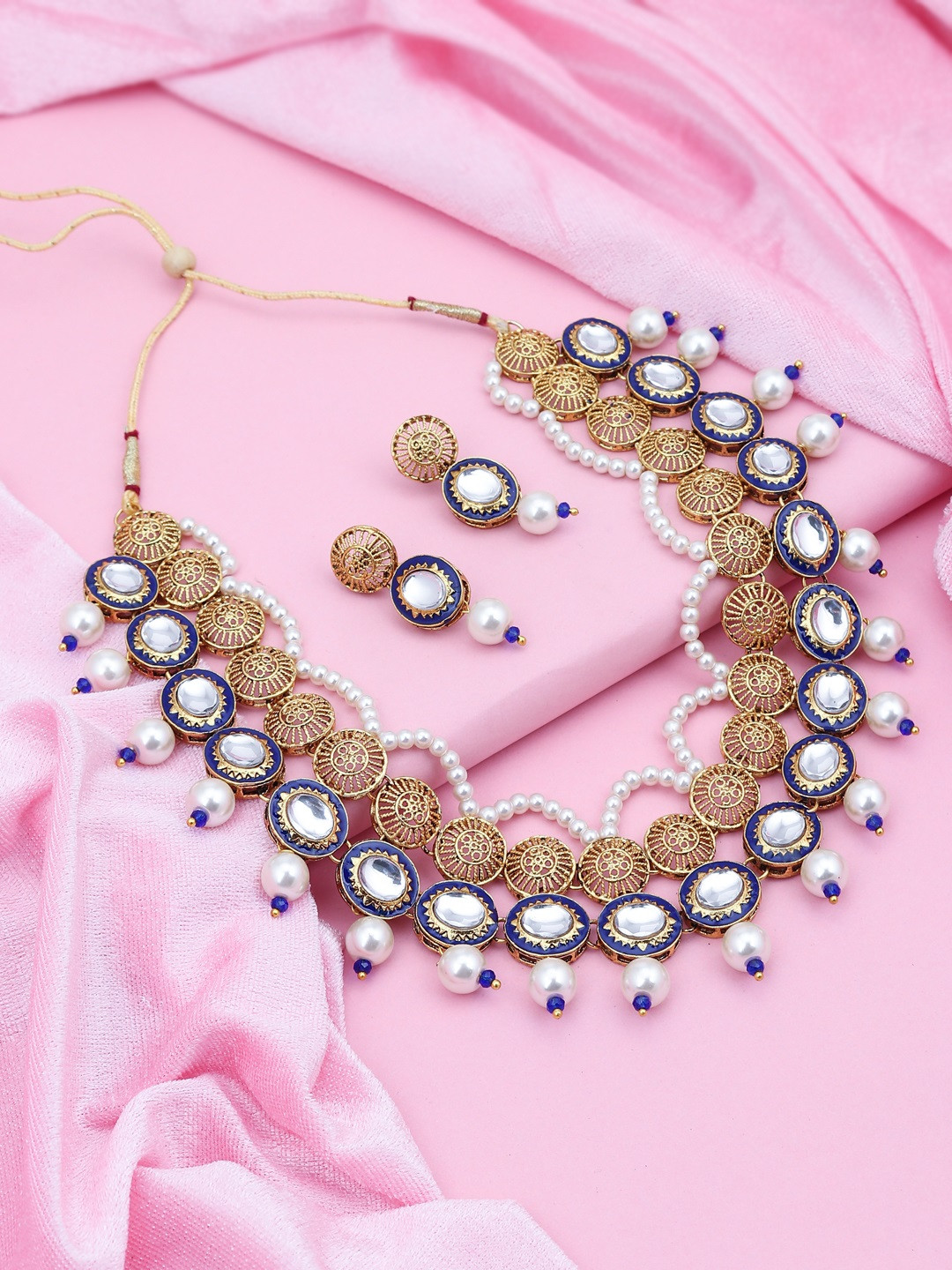 Sukkhi Gold-Plated White & Blue Kundan-Studded Beaded Enamelled Jewellery Set