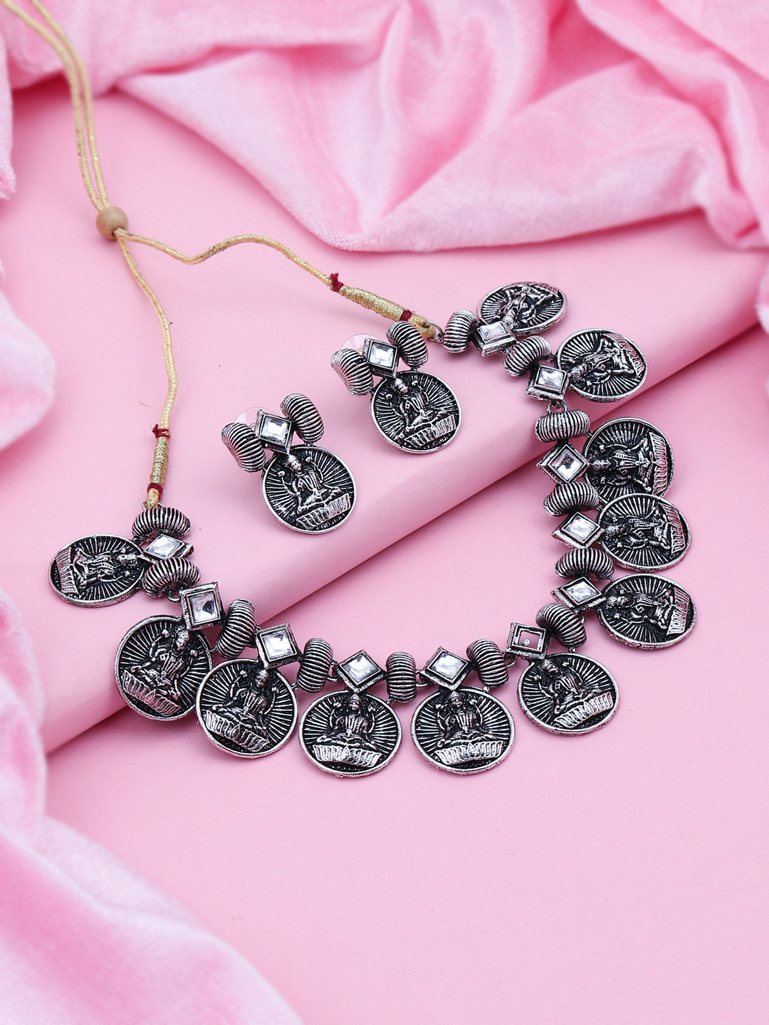 Sukkhi Rhodium-Plated Silver-Toned Goddess Laxmi Designed Marquise Jewellery Set