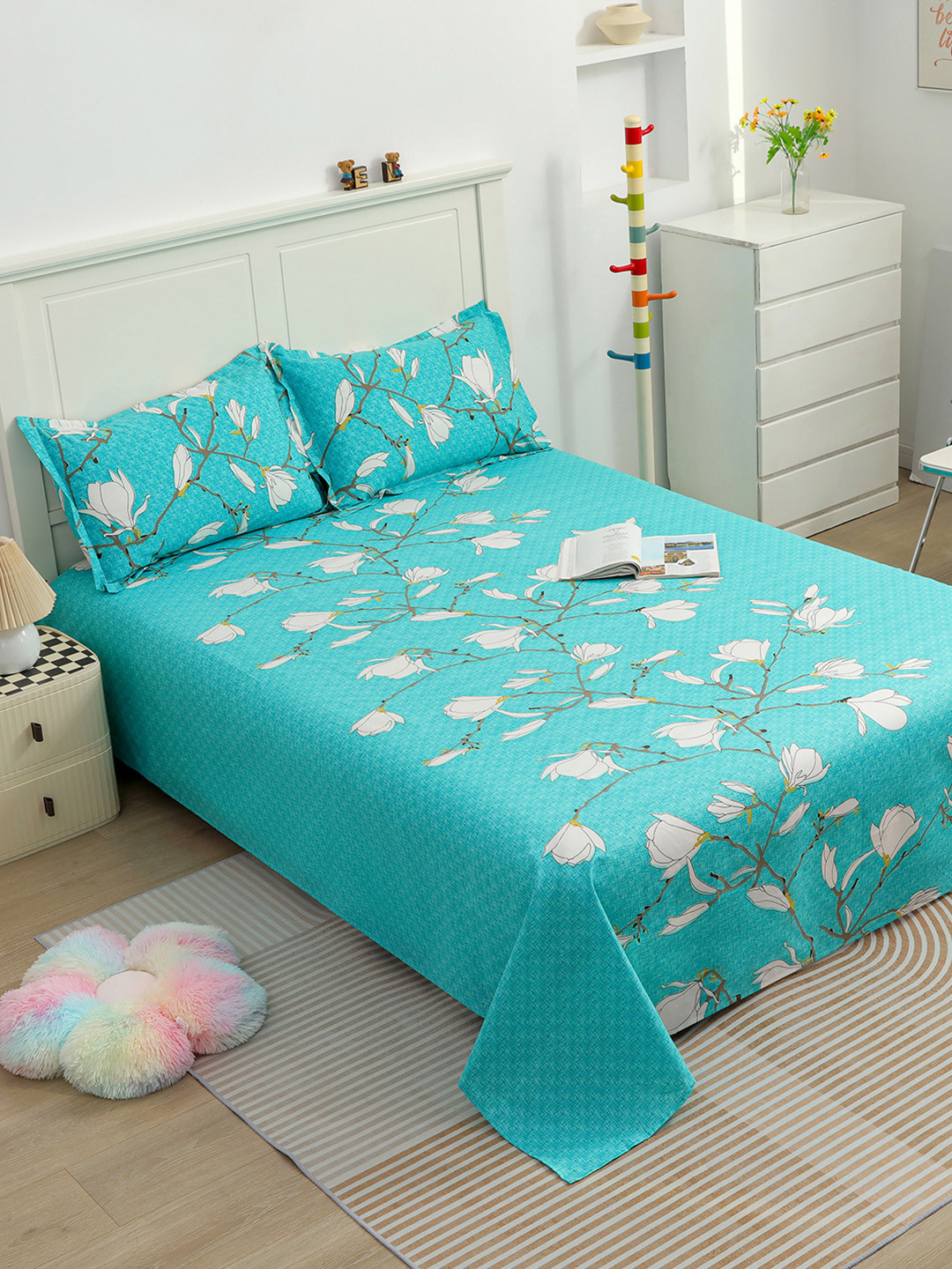 Story@home Sea Green Floral Cotton 144 TC Queen Fine Bedsheet with 2 Pillow Covers-89 x 98 inches
