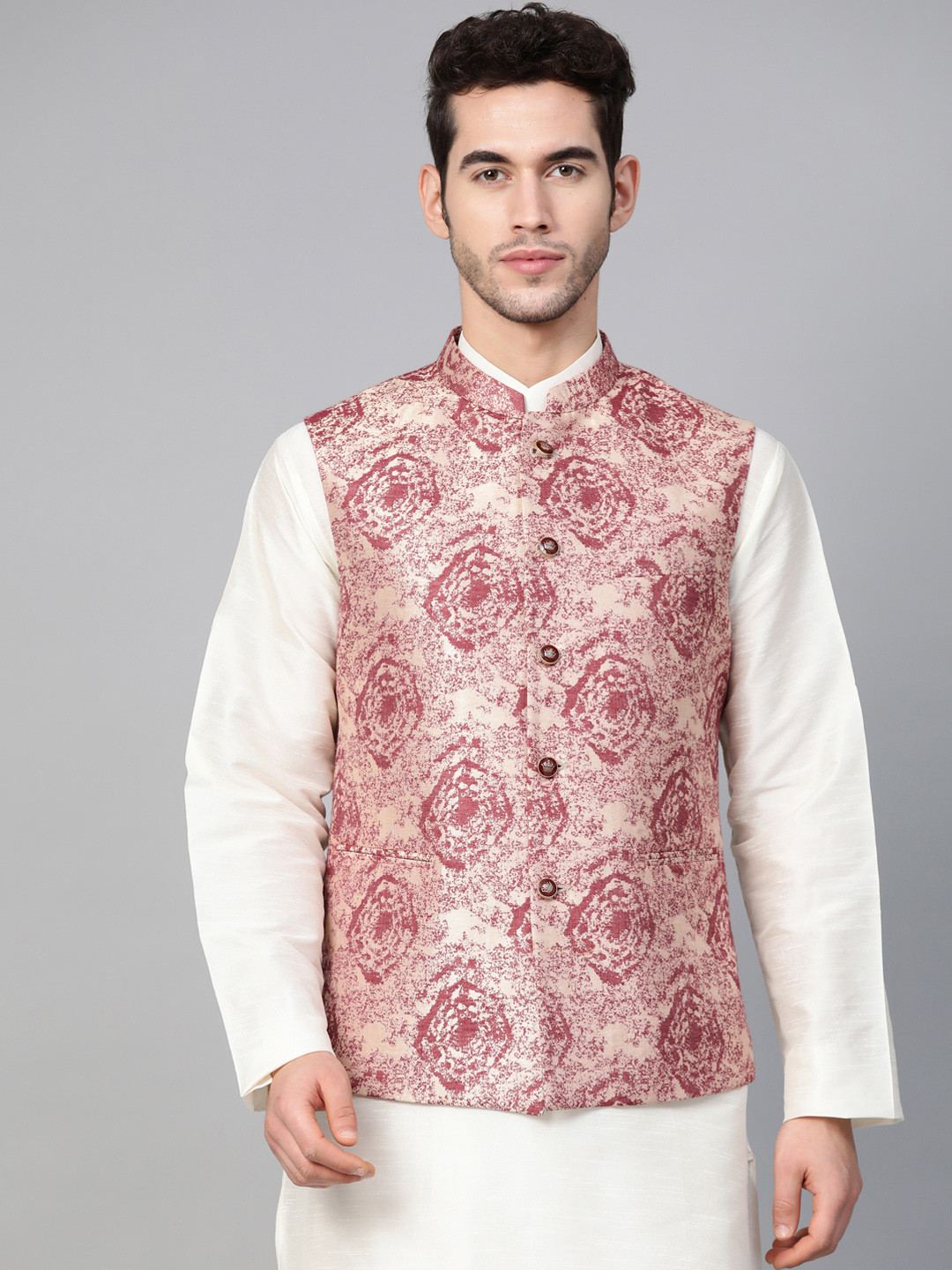 MANQ Men Maroon & Beige Woven Design Nehru Jacket