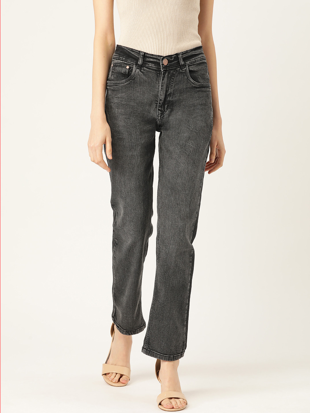 Paris Hamilton Women Charcoal Grey Solid Boyfriend Fit Stretchable Jeans