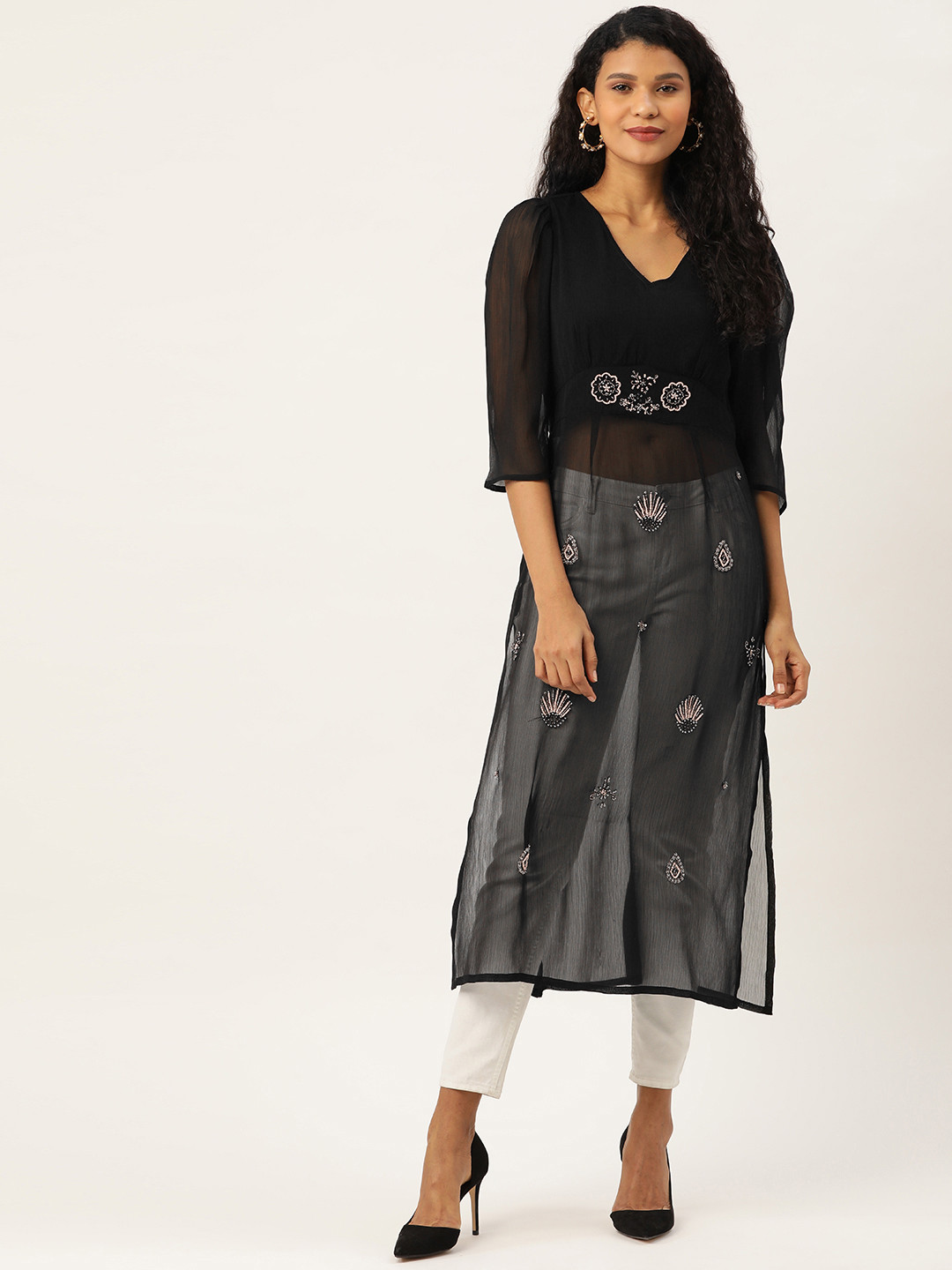Antheaa Women Black & Peach-Coloured Embellished Sheer Tunic