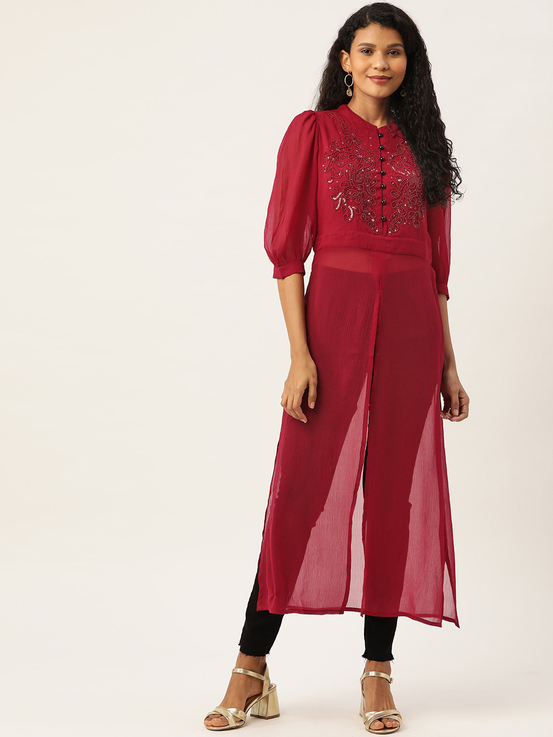 Antheaa Women Maroon Embellished Sheer Tunic