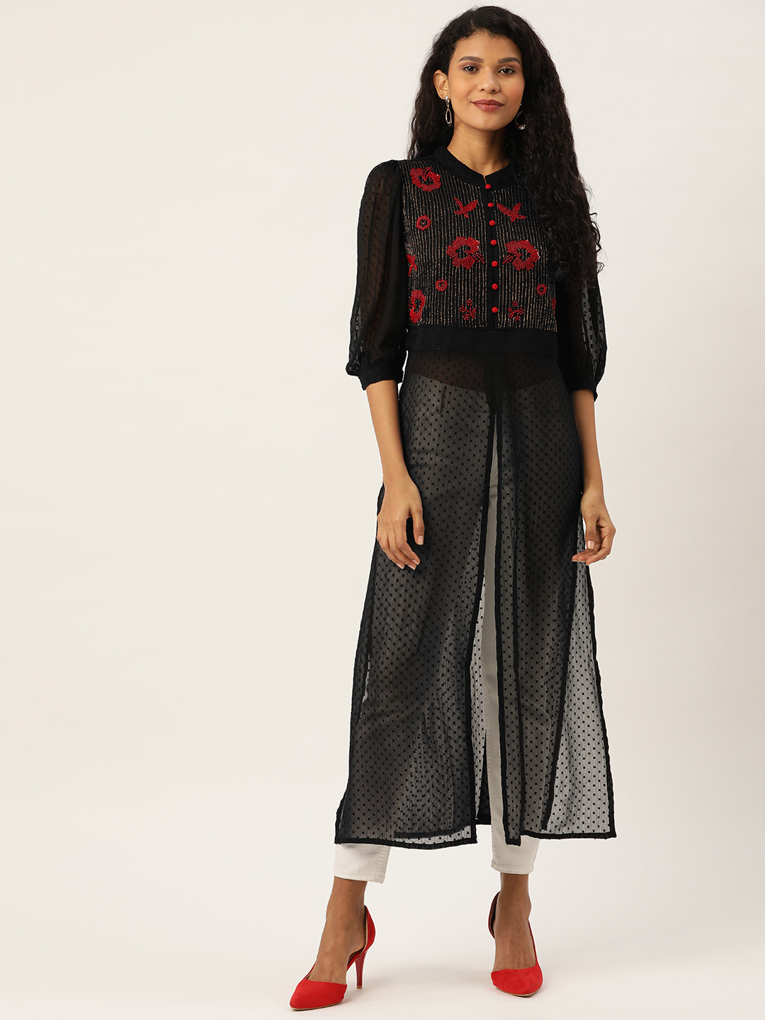 Antheaa Women's Black & Red Self Design Embellished Sheer Tunic