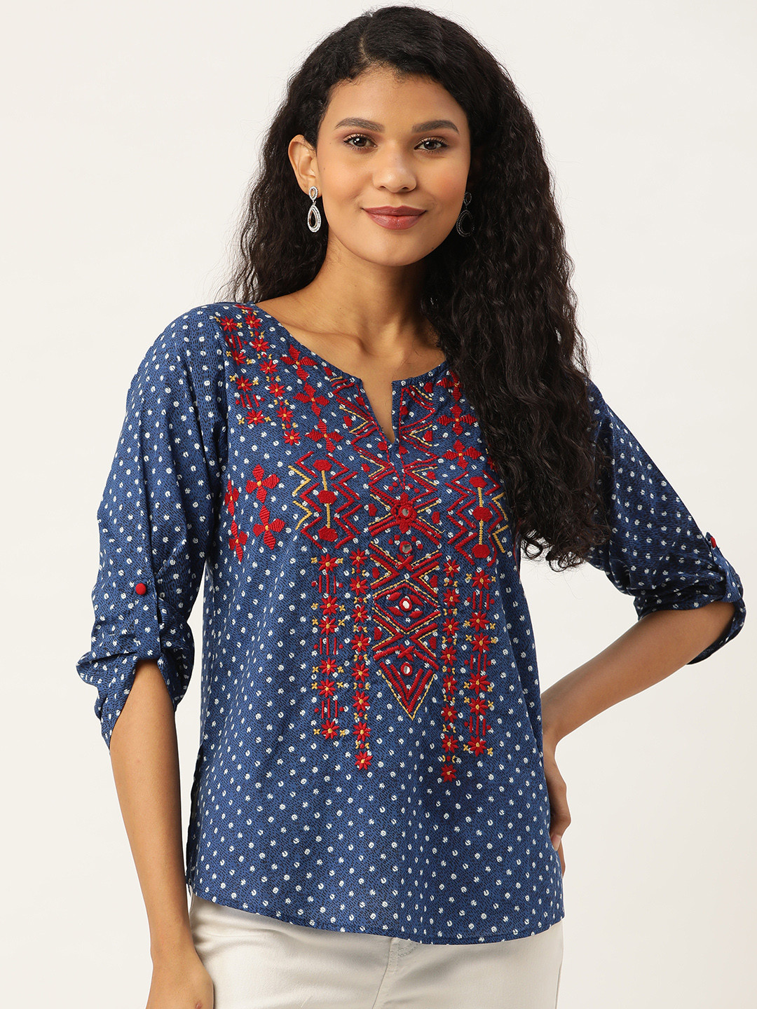 Antheaa Women's Blue & White Polka Dots Print Tunic with Embroidered Detail