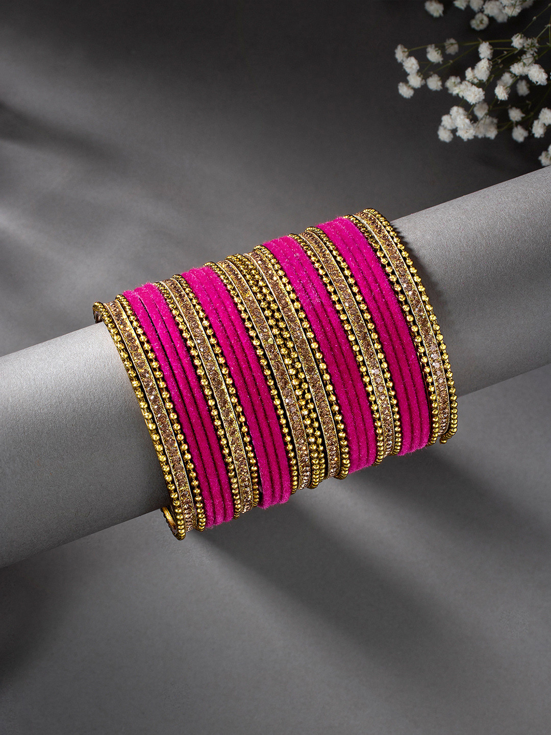 Peora Pink & Green Gold Plated Kundan Chuda Chura Bangle Set