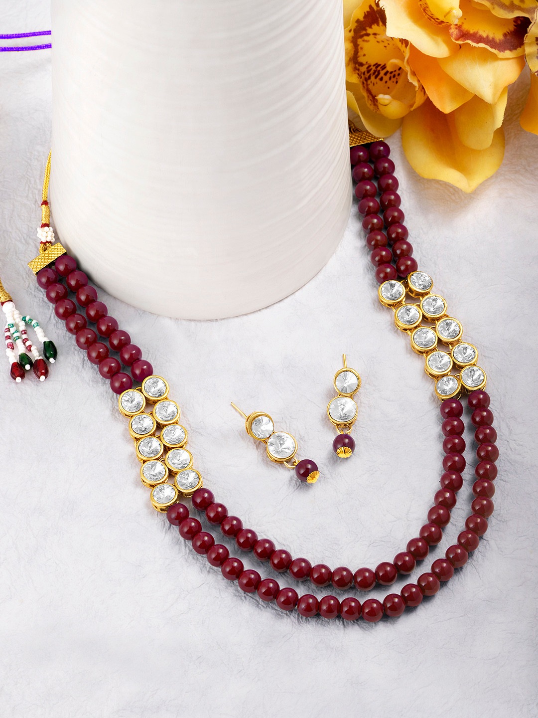 Peora Gold Plated & Maroon Kundan Studded Long Necklace with Earrings
