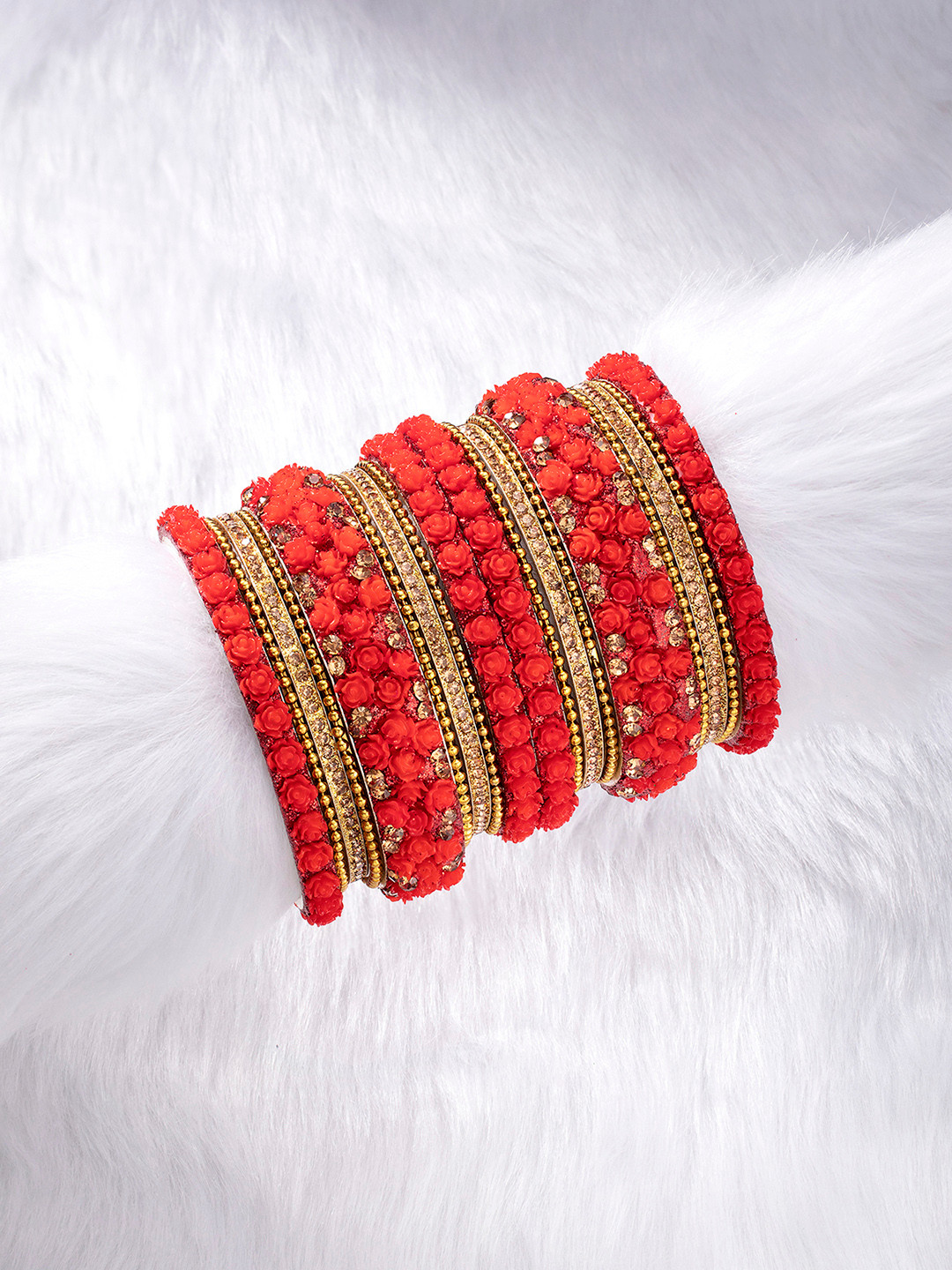 Peora Red & Gold-Plated Set Of 2 Floral Metal Chuda Bangle Set