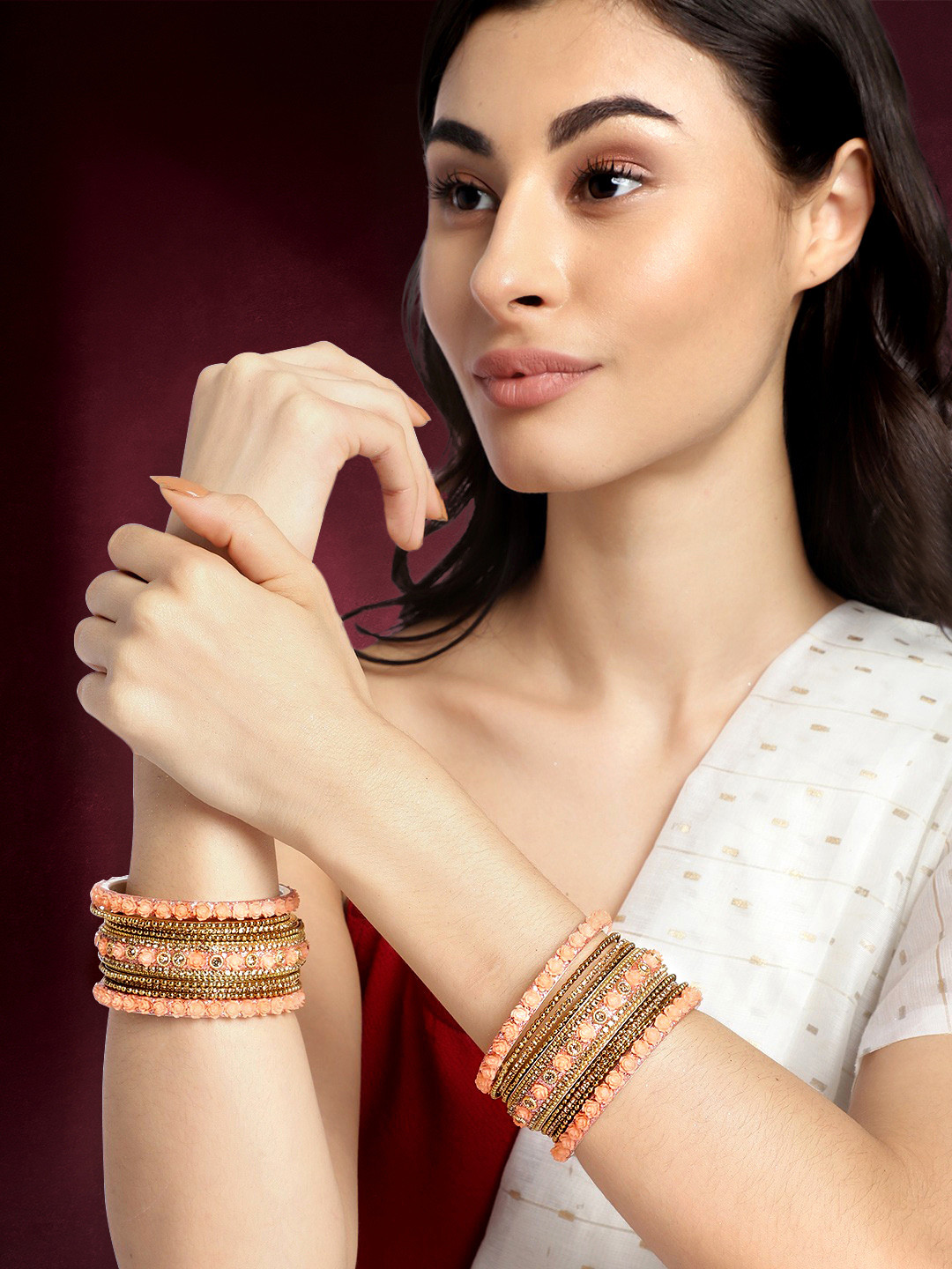 Peora Gold Plated Peach Floral Rose Metal Chura Chuda Bangle Set