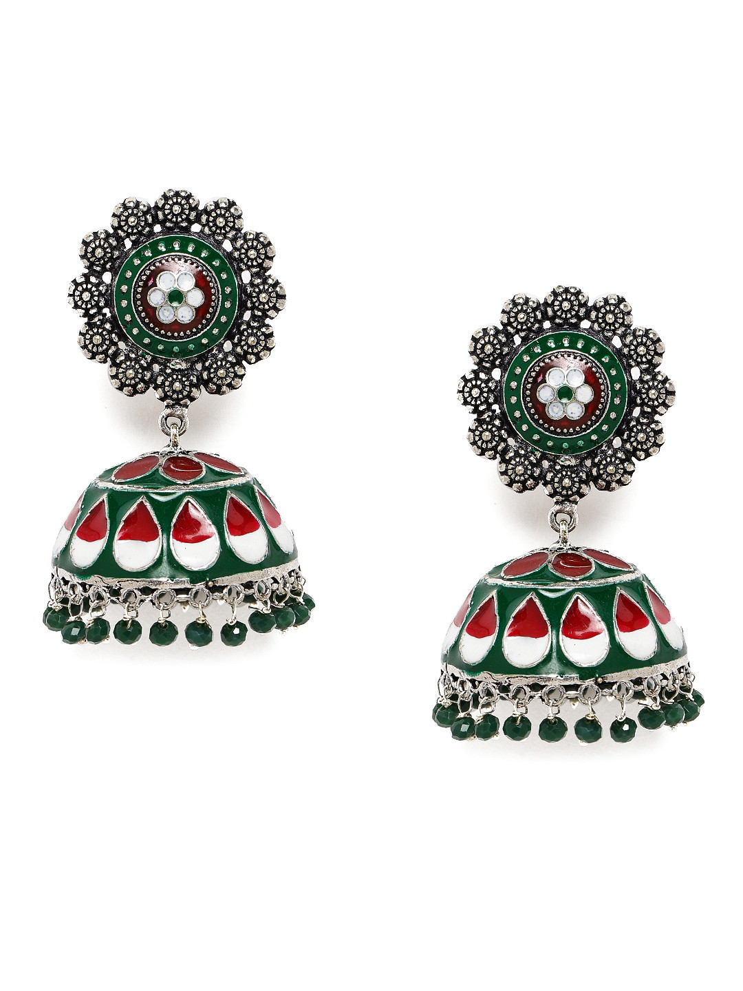 Peora Silver-Plated & Green Enamelled Dome Shaped Jhumkas