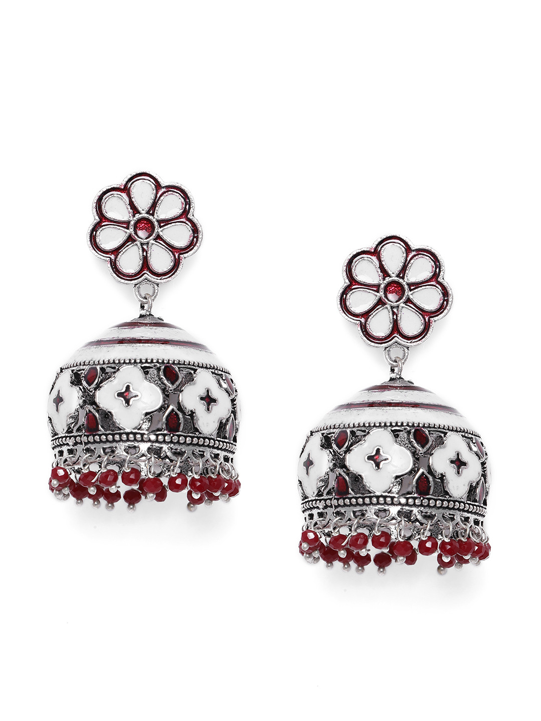 Peora Maroon & Silver-Toned Meenakari Dome Shaped Jhumkas
