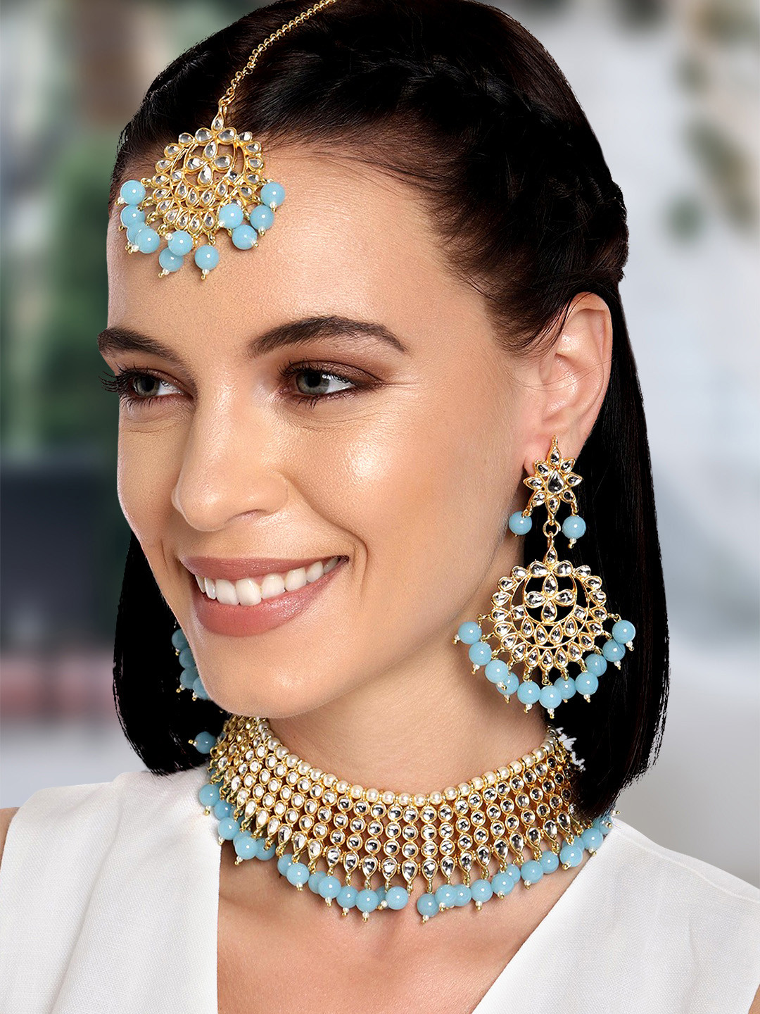 Peora Gold-Plated & Blue Kundan & Beads Studded Choker Jewellery Set