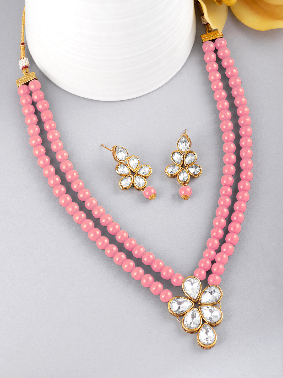 Peora Women Pink Gold-Plated Pearl & Crystal Studded Jewellery Set