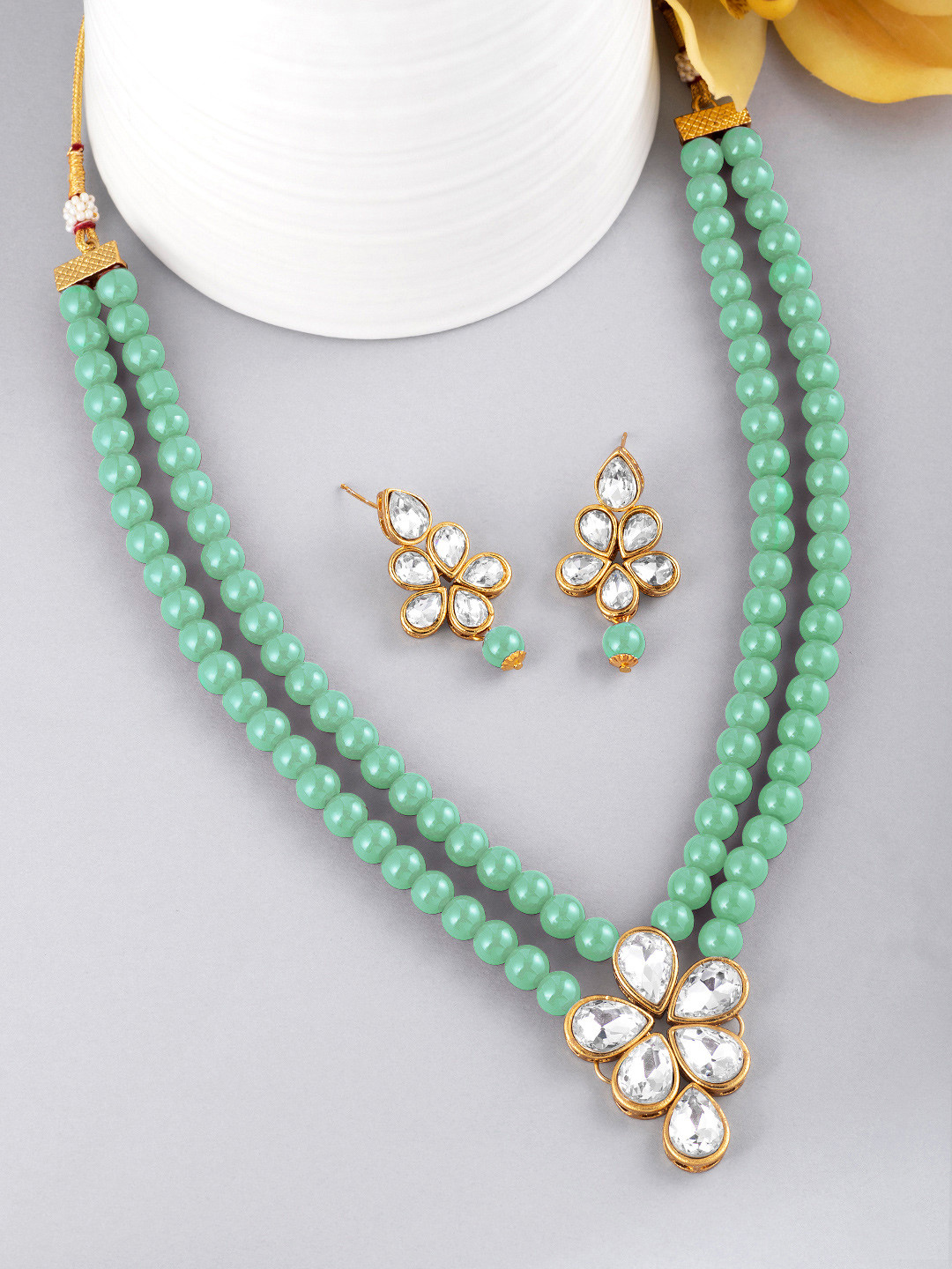 Peora Gold Plated & Mint Green Crystal Jewellery Set