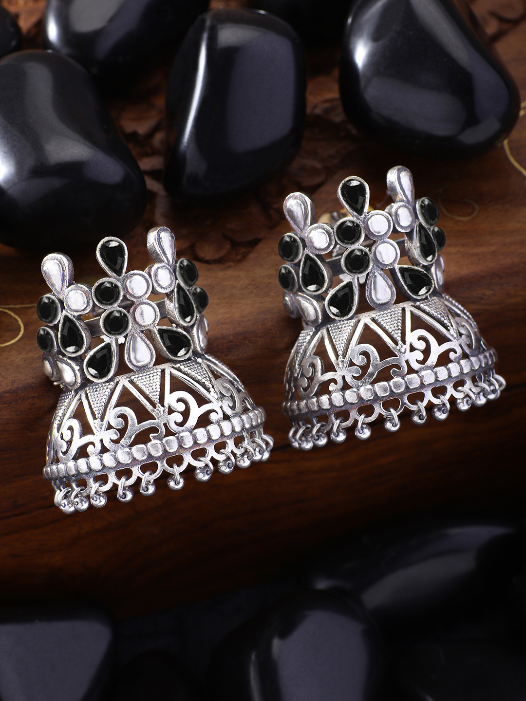 Peora Black & Silver-Toned Afghani Tribal Silver Plated Studs