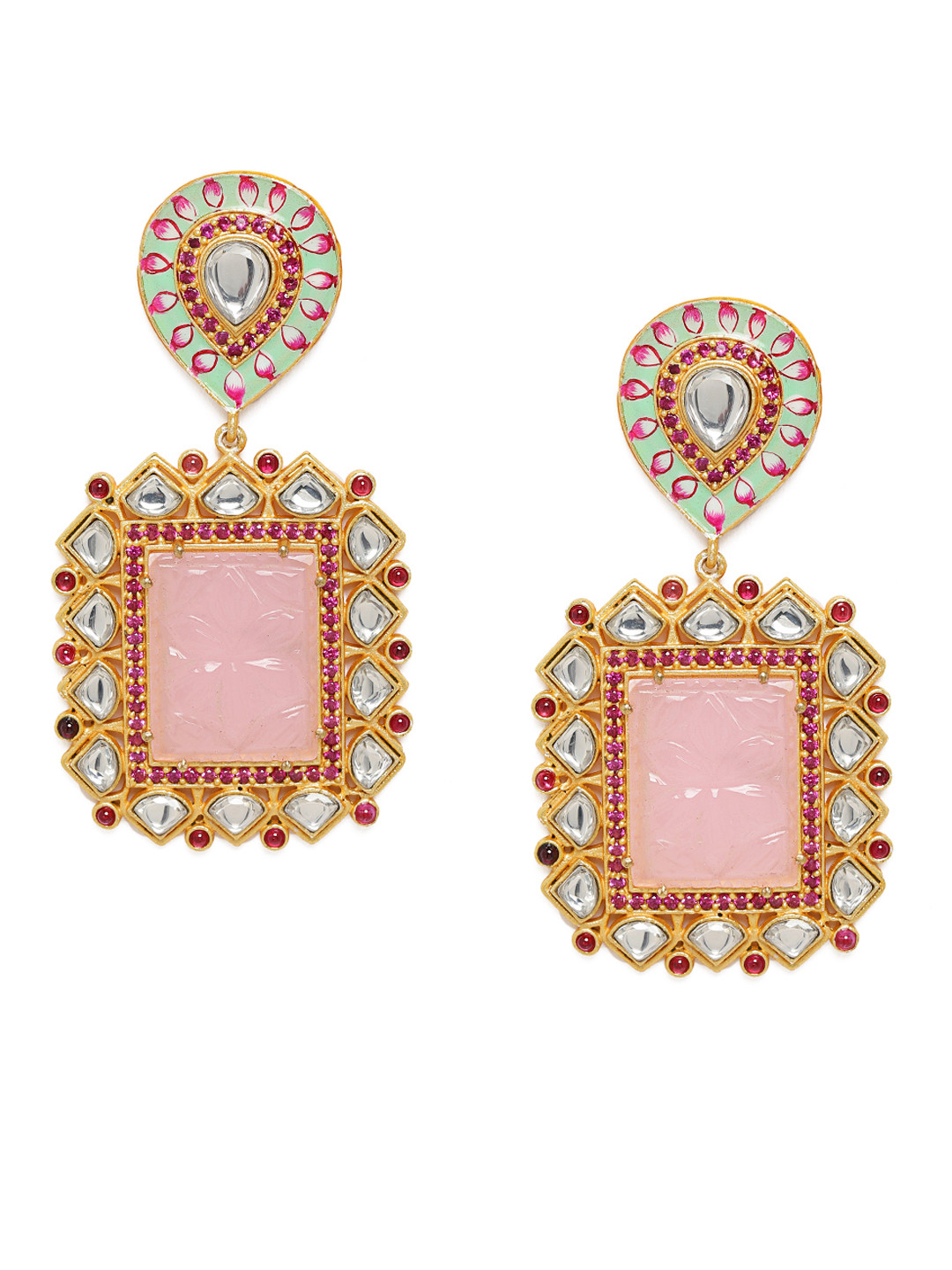Peora Pink & Green Gold-Plated Square Drop Earrings