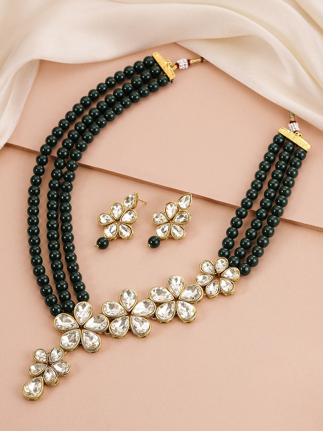 Peora Gold Plated & Green Floral Crystal Jewellery Set