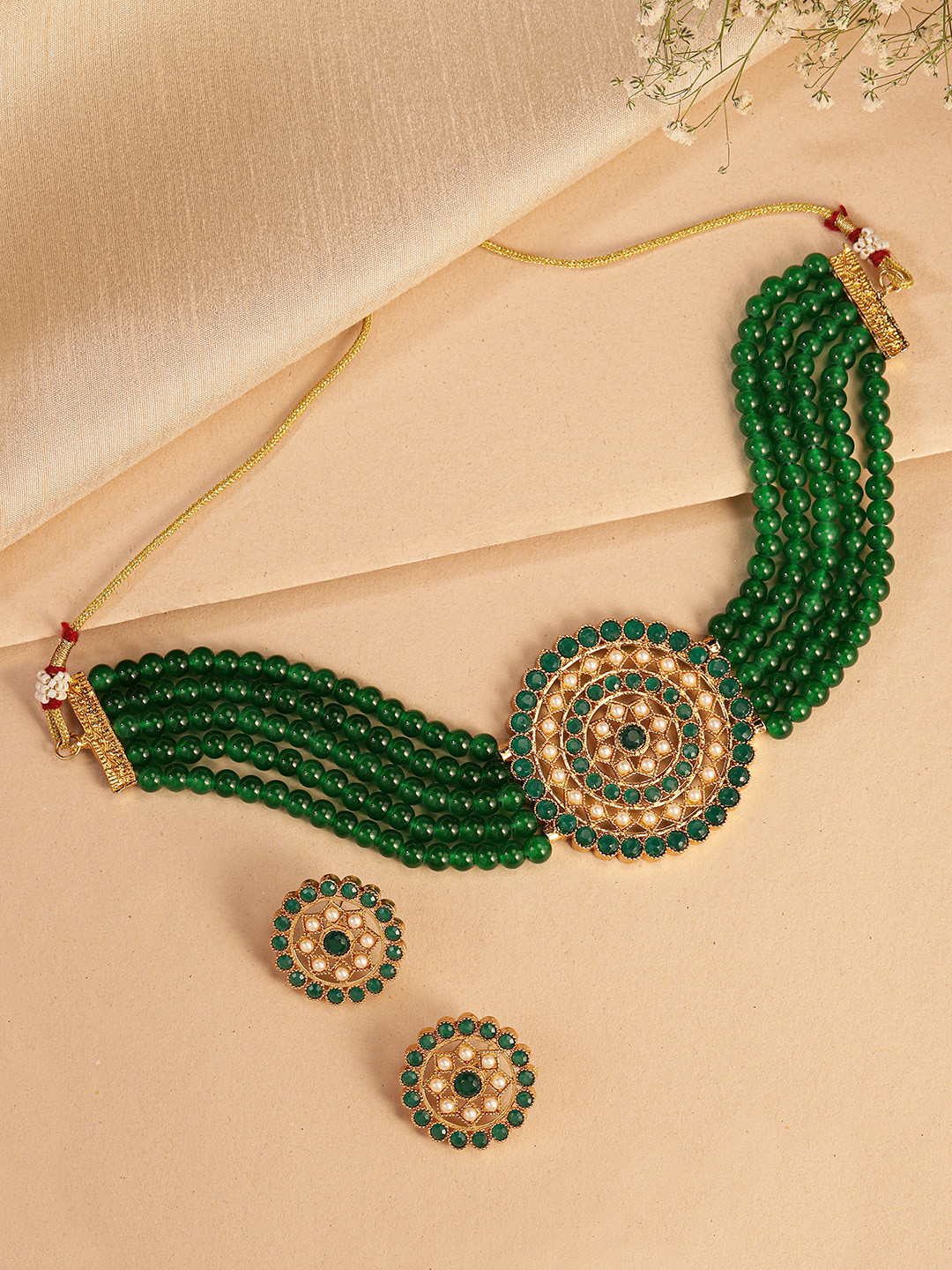 Peora Green Gold Plated Choker Necklace with Oversized Stud Earrings Jewellery Set