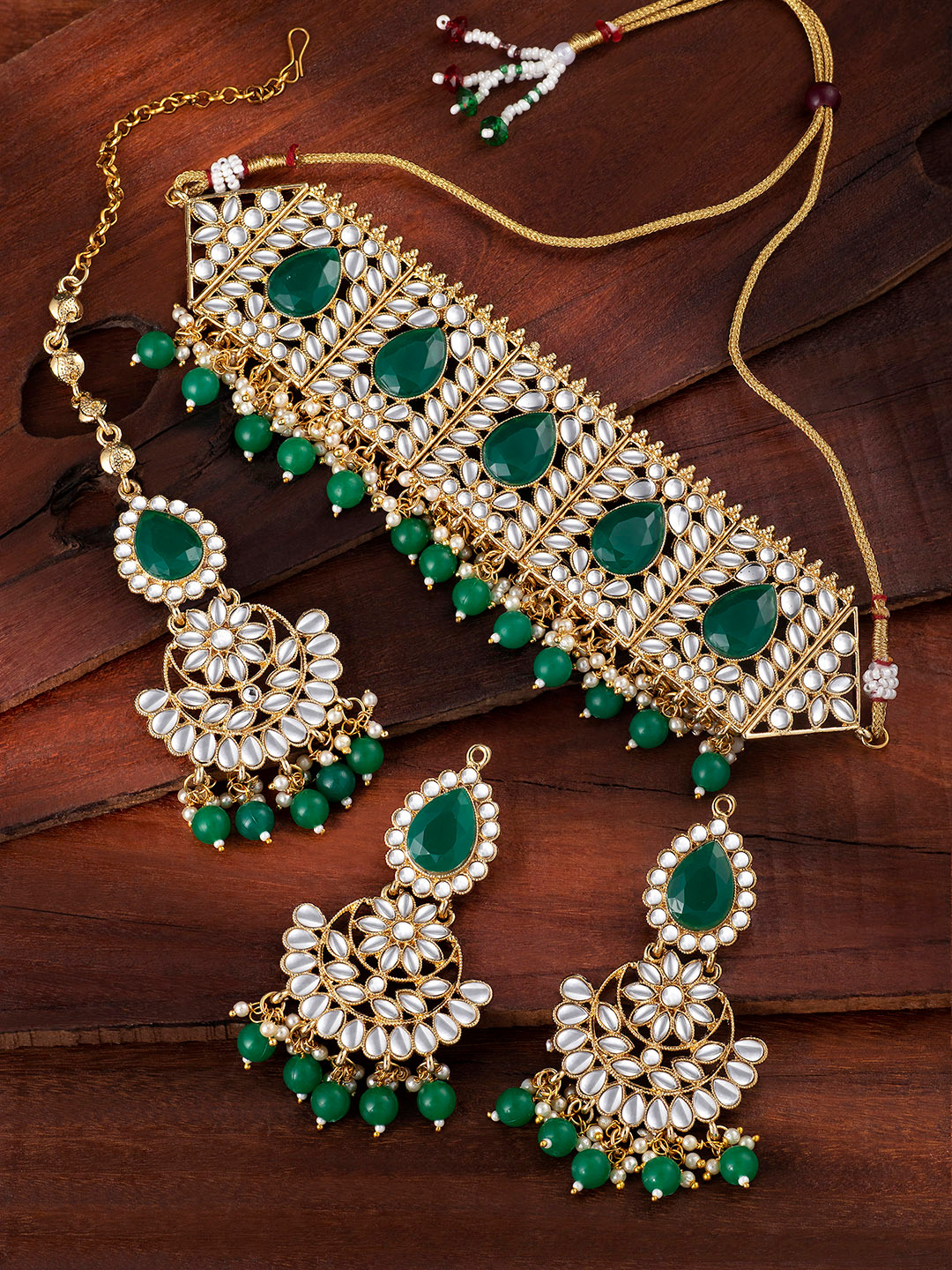 Peora Kundan Gold Plated And Green Faux Pearl Stone Studded Jewellery set