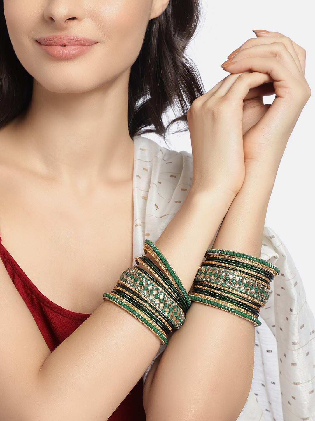 Peora Women Gold-Plated & Green Chura Chuda Bangle Set