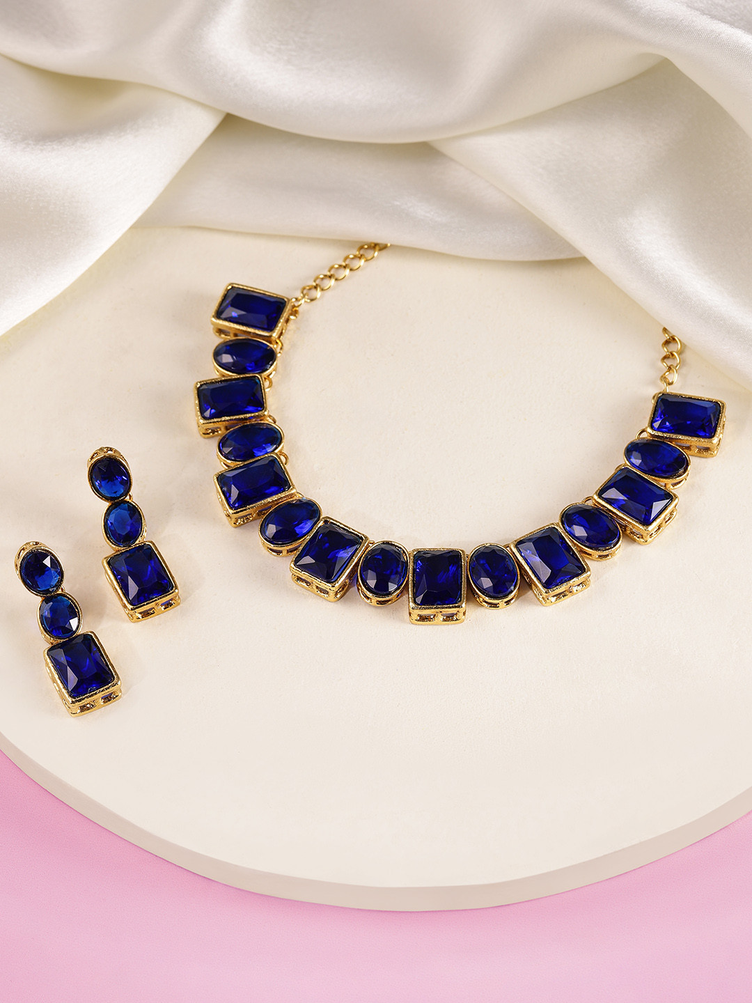 Peora Blue & Gold-Toned Square Crystal Jewellery Set