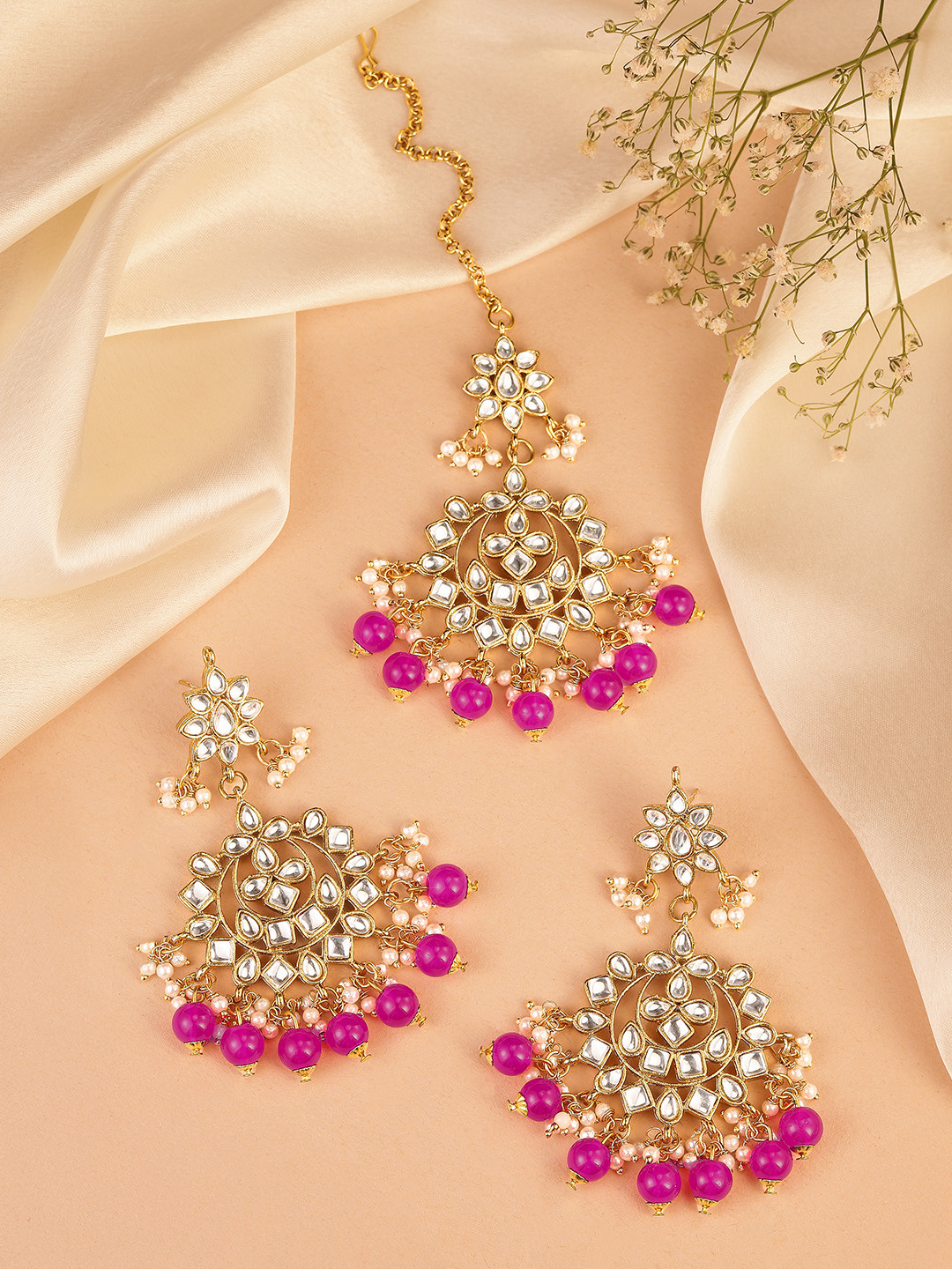 Peora Gold Plated & Pink Kundan Set of Earrings with Maang Tika