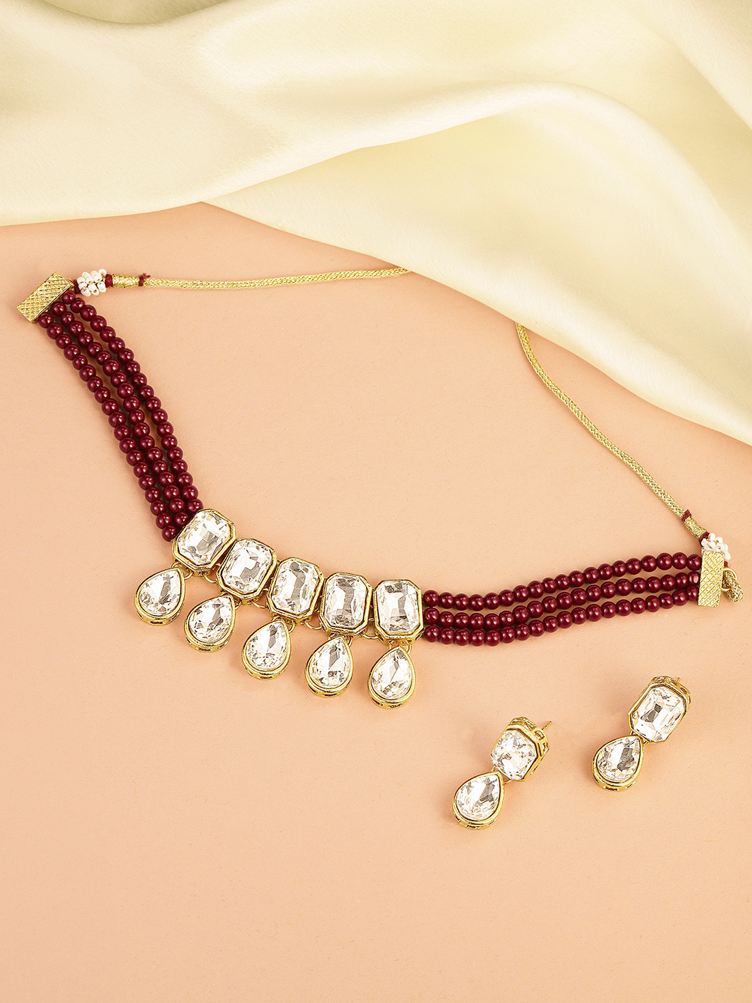 Peora Maroon Gold-Plated Crystal Studded Choker Necklace with Earrings Jewellery Set
