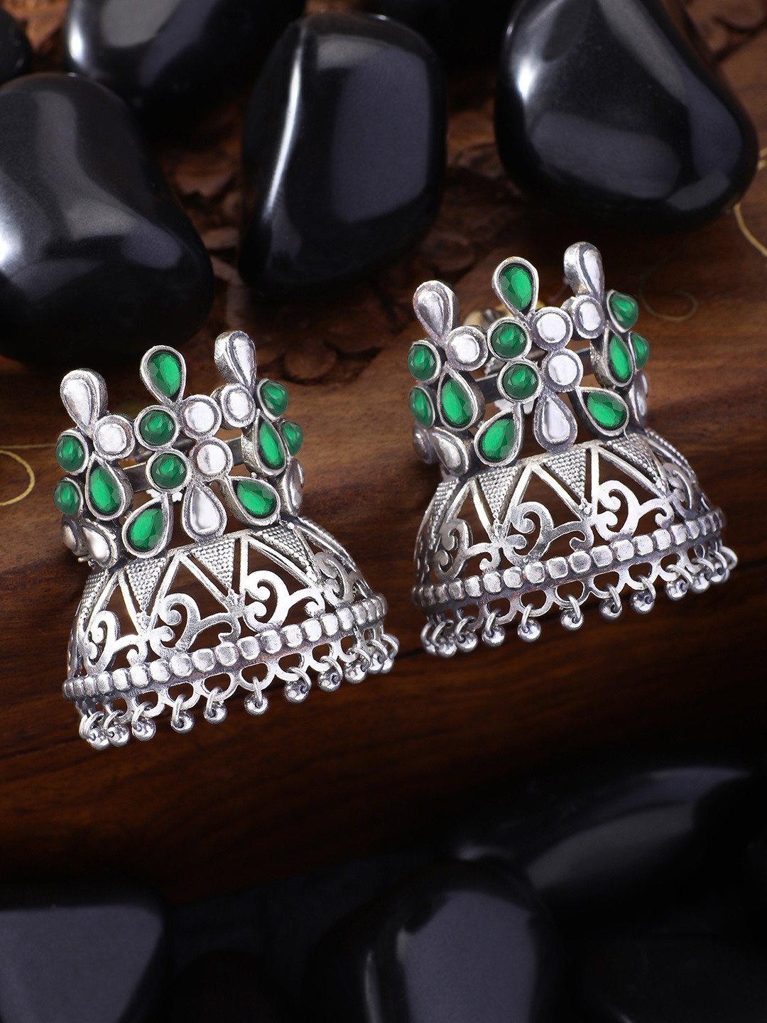 Peora Oxidized Silver-Toned & Green Afghani Tribal Contemporary Drop Earrings