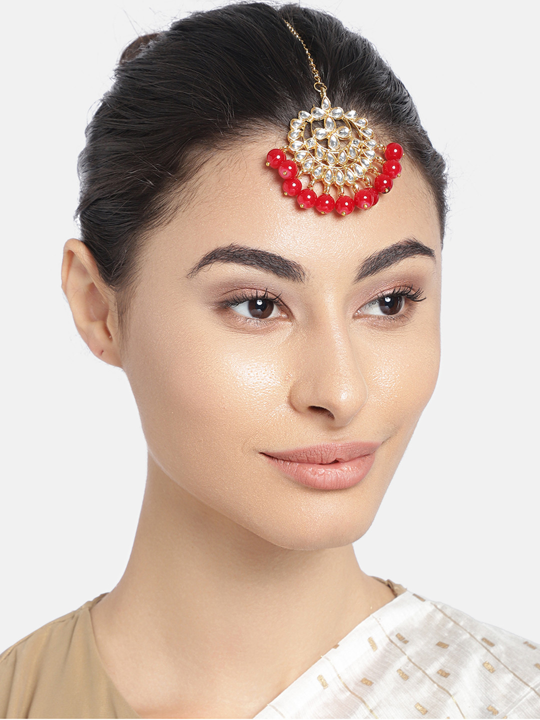 Peora Red Gold-Plated Kundan & Pearl Maang Tikka